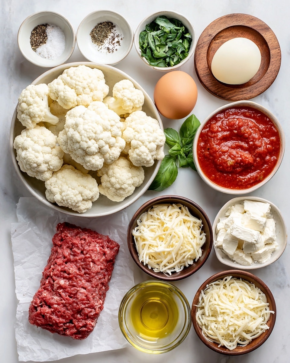 The image shows a collection of ingredients arranged neatly on a white marbled surface. In the center is a bowl filled with white cauliflower florets. Around it, starting from the top left, there are small white bowls with salt and pepper, a single brown egg on a round wooden dish, a brown bowl filled with chopped garlic, a brown bowl with green basil leaves, a white bowl with bright red marinara sauce, a brown bowl with chopped white onions, a brown bowl with shredded pale yellow mozzarella cheese, a brown bowl with creamy white ricotta cheese, and a brown bowl of grated white parmesan cheese. On the bottom left, there is a rectangular piece of bright red ground beef resting on white parchment paper. A glass bowl with golden olive oil is between the parmesan and the egg. photo taken with an iphone --ar 4:5 --v 7