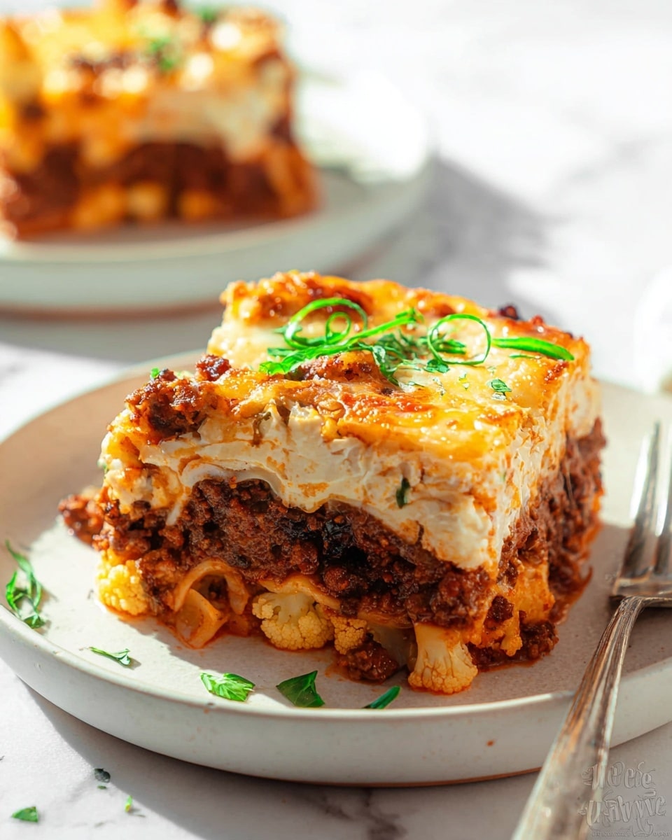 The image shows a close-up of a thick slice of lasagna placed on a white plate with a white marbled background. The lasagna has three visible layers: the bottom layer has chunky pieces of cooked cauliflower with a light orange sauce; the middle layer is a rich, dark brown meat sauce with visible herbs mixed in; the top layer is a creamy, melted cheese topping with a golden-brown color and some fresh, thinly sliced green herbs scattered on top for garnish. Behind the main slice, there is another piece of lasagna out of focus, and a silver fork lies on the plate beside the slice. The lighting is bright and natural, highlighting the textures and layers of the dish photo taken with an iphone --ar 4:5 --v 7
