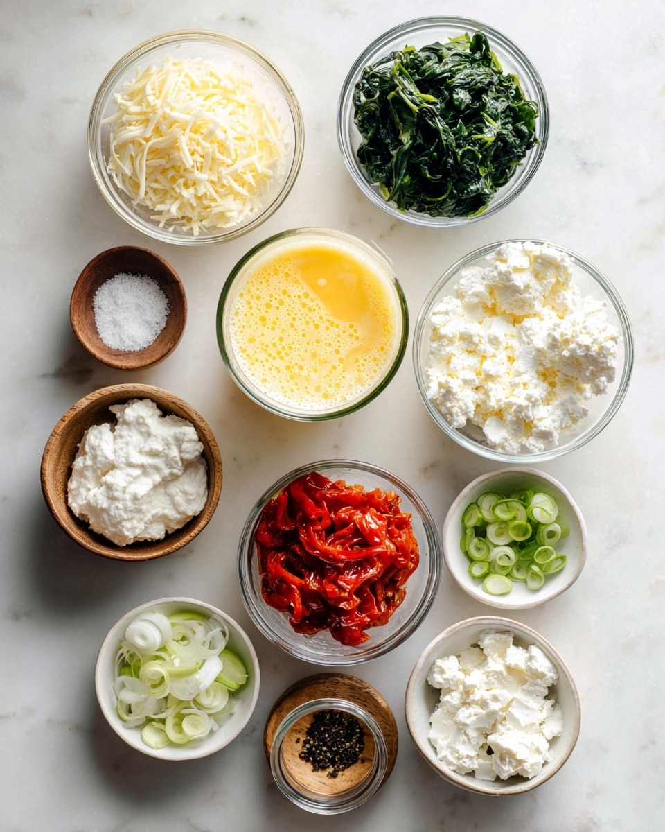 The image shows a flat layout of small bowls and containers on a white marbled surface with various ingredients. At the center is a clear cup filled with frothy yellow egg whites. To the left, there is a small clear bowl of shredded white Monterey Jack or mozzarella cheese and a wooden bowl of white sea salt above it. Above the center container, there is a clear bowl filled with white crumbled feta cheese and next to it on the right, a clear bowl of chopped dark green spinach. Below the spinach, a clear bowl holds white cottage cheese. Below the sea salt and mozzarella is a small glass jar of bright red roasted red peppers, and next to it a small white bowl contains sliced green onion rings. A wooden bowl with black pepper sits between the sea salt and feta bowls. The setup is clean and bright. Photo taken with an iphone --ar 4:5 --v 7