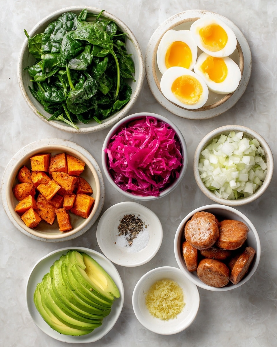 The image shows eight small white bowls arranged in a loose circle on a white marbled surface. Starting from the top left, one bowl is filled with bright green leafy greens, showing fresh spinach leaves with visible stems. To its right is a white bowl containing four soft-boiled eggs, sliced in half, showing smooth off-white whites and vibrant yellow yolks. Next to that is a bowl of bright magenta sauerkraut with a textured, shredded look. Below that is a bowl filled with finely chopped white onions, appearing moist and fresh. In the center is a bowl with roasted sweet potato cubes, orange with slightly dark edges, showing a roasted texture. To the bottom left of the sweet potatoes is a bowl with smooth, neatly sliced green avocado, stacked flat like a fan. Above that is a bowl with three cooked turkey sausages, brown and slightly crispy on a white plate. Lastly, near the bottom right are two small white dishes, one with coarse black pepper and salt, and the other with minced garlic, yellow and textured like mashed bits. photo taken with an iphone --ar 4:5 --v 7
