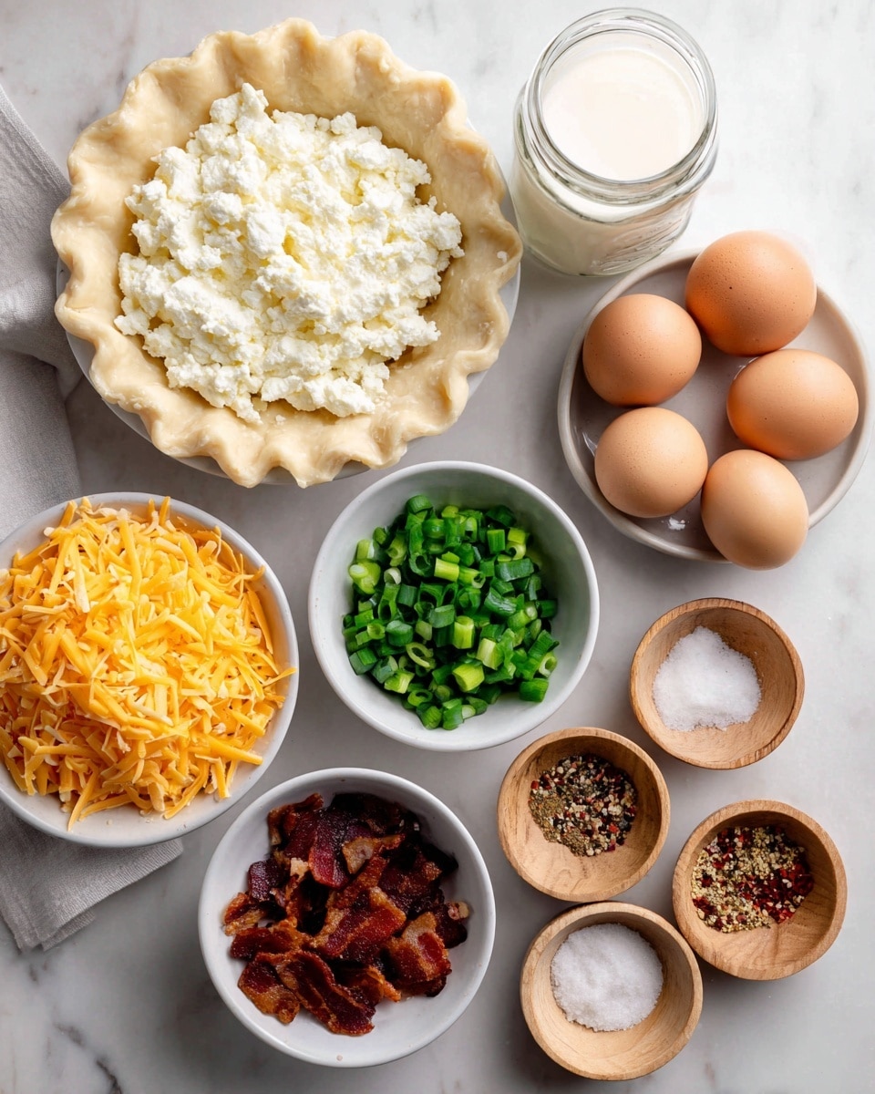 The image shows ingredients arranged neatly on a white marbled surface. There is a white frozen pie crust with a crimped edge on the left side. Above it is a white bowl filled with white cottage cheese that has a lumpy texture. Next to it on the right is a small glass jar filled with white milk. Below the jar are four brown eggs clustered together. To the right of the eggs is a white bowl filled with bright green chopped scallions. Below the scallions is a white bowl with crispy dark brown bacon pieces. To the left of the bacon is a white bowl piled with shredded orange cheddar cheese. Between the cheese and bacon are two small wooden bowls, one with white sea salt and the other with mixed black and red pepper. photo taken with an iphone --ar 4:5 --v 7