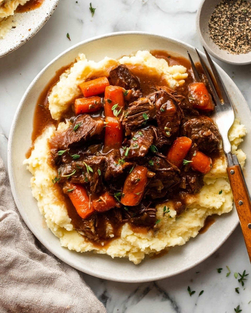 The dish shows a white plate filled with a base layer of creamy mashed potatoes, light yellow with a soft, fluffy texture. On top of that, there is a second layer of rich brown beef stew with visible thick gravy, tender chunks of dark brown beef, and bright orange carrot pieces scattered throughout. The beef and carrots are coated in the glossy stew sauce, and small green herb bits are sprinkled on top. A wooden-handled fork rests on the right side of the plate, and the plate is set on a white marbled surface with a small bowl of black and white pepper nearby. photo taken with an iphone --ar 4:5 --v 7