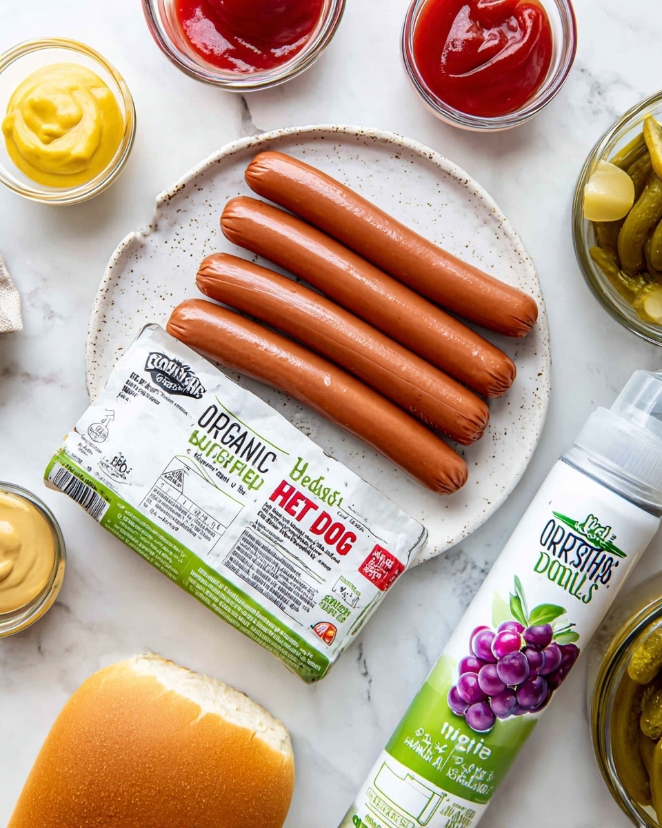 The image shows three uncooked beef hot dogs with a smooth, shiny brown skin placed on a white plate with light speckles, arranged side by side. Below them is a white package labeled