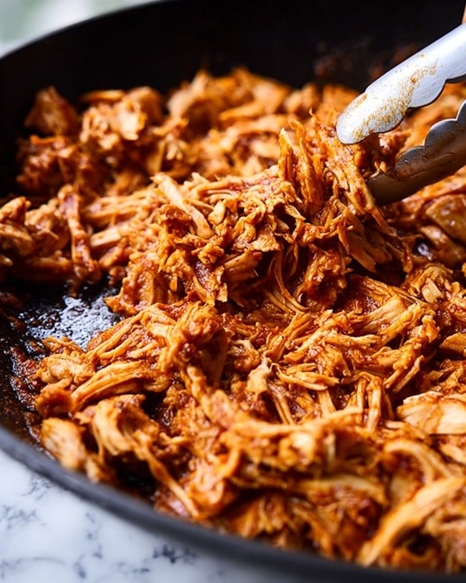 A close-up view of shredded cooked chicken in a black skillet. The chicken is coated with a rich, reddish-brown sauce, with strands and chunks mixed well together, showing a slightly moist texture. A silver tong held by a woman's hand is partially visible on the left side, lifting some of the chicken pieces. The background surface is a white marbled texture. photo taken with an iphone --ar 4:5 --v 7