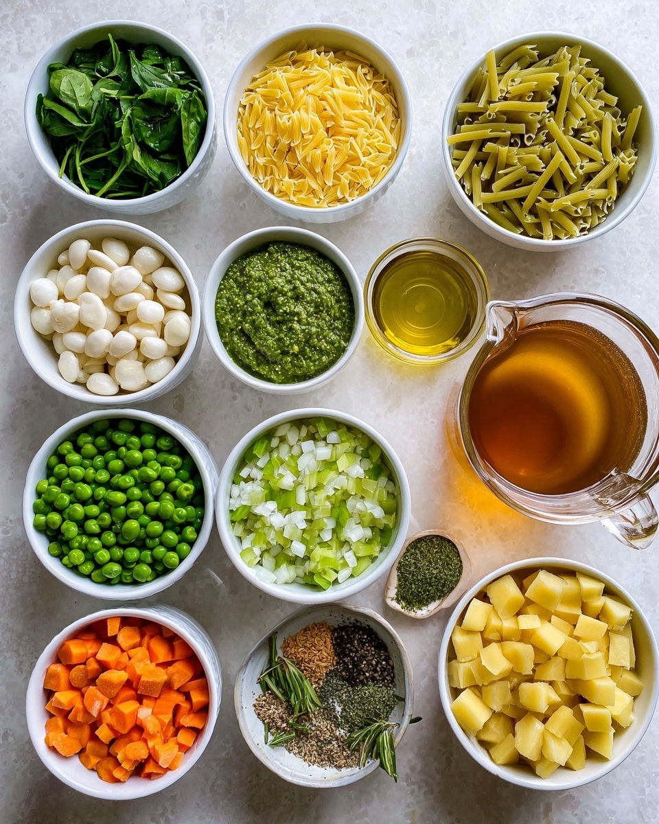 The image shows a white marbled surface with different small white bowls and a glass jug, each filled with a single ingredient in bright colors and clear textures. The bowls are arranged in rows: the top row has deep green chopped spinach, golden olive oil, yellow dry pasta, chopped green asparagus, and thick green pesto. The next row features diced white onion, medium-sized white beans, clear yellow lemon juice, fresh green peas, and pale minced garlic in small bowls. The bottom row shows finely grated cheese, half orange diced carrots mixed with half bright green celery, black pepper, dried herbs, and cubed yellow potatoes. A clear glass jug with amber broth is placed on the right side. All ingredients are distinct and neatly placed. Photo taken with an iphone --ar 4:5 --v 7