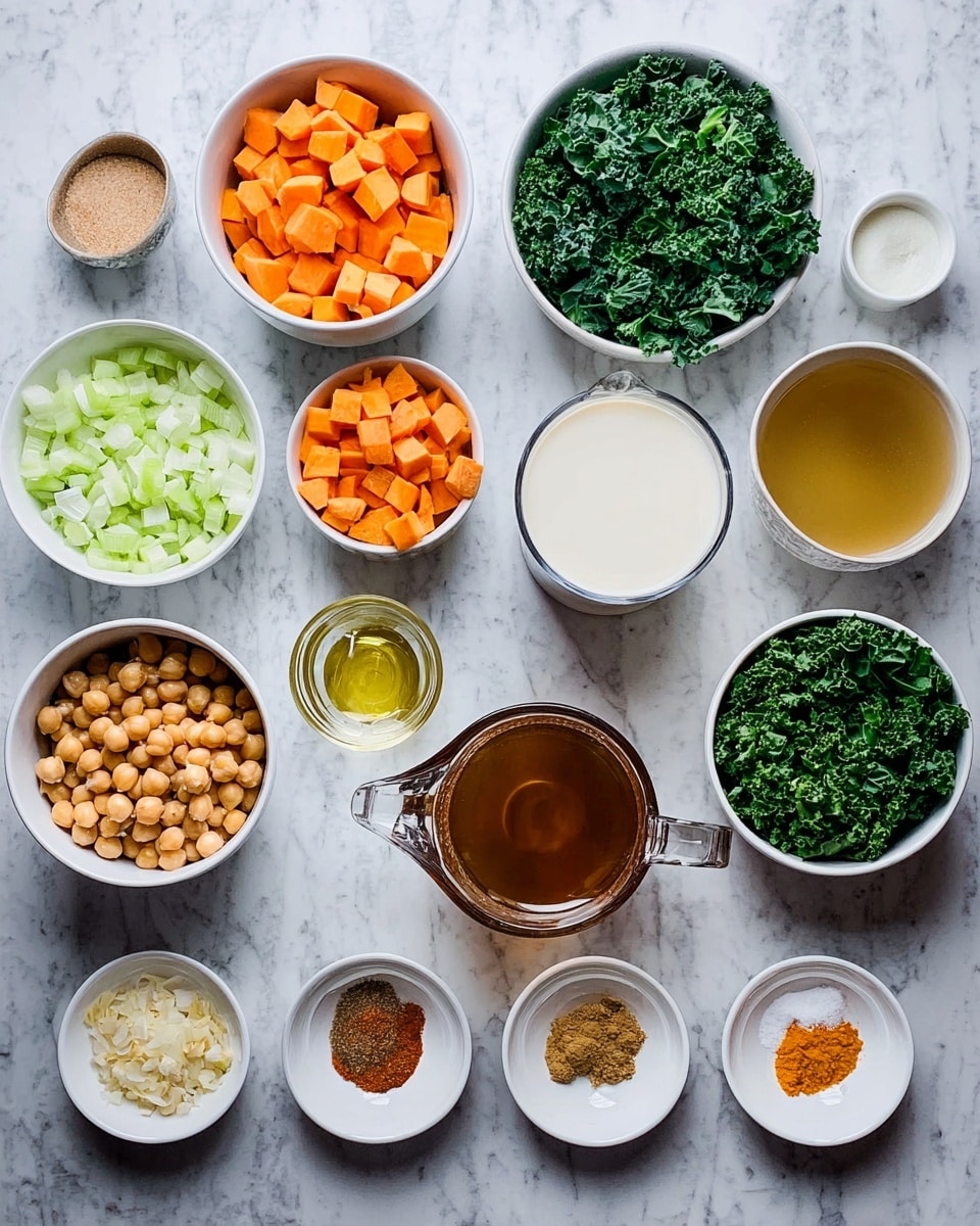 The image shows a top view of various ingredients neatly arranged on a white marbled surface. There are twelve white bowls and small plates holding different chopped vegetables and spices, including light orange diced sweet potatoes, green chopped kale, white diced onions, light green chopped celery, and chickpeas. One clear glass measuring cup holds a brown liquid, likely broth, and a silver container holds a white creamy liquid, probably coconut milk. Smaller white plates contain minced garlic, grated ginger, mixed ground spices in yellow, brown, and red shades, salt, and golden olive oil. Everything is organized in rows, creating a clean and colorful display. Photo taken with an iphone --ar 4:5 --v 7