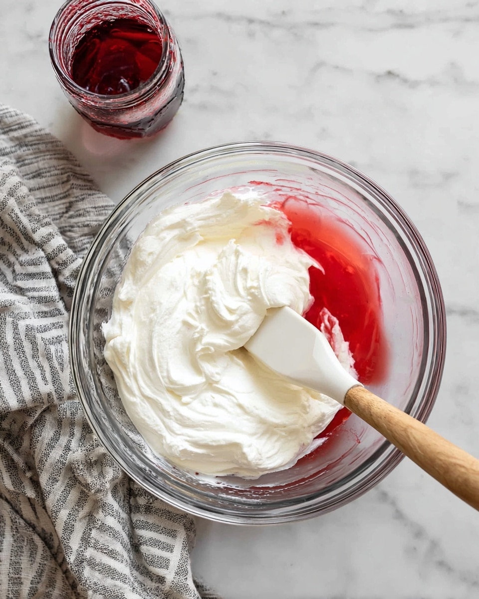 A clear glass bowl sits on a white marbled surface with a gray striped cloth nearby. Inside the bowl, there are thick white whipped cream layers resting on a thin pool of bright red syrup. A spatula with a wooden handle and white silicone head is partially submerged in the mixture, blending the two layers together. Above the bowl, an open jar of red syrup with a spoon inside is visible. photo taken with an iphone --ar 4:5 --v 7