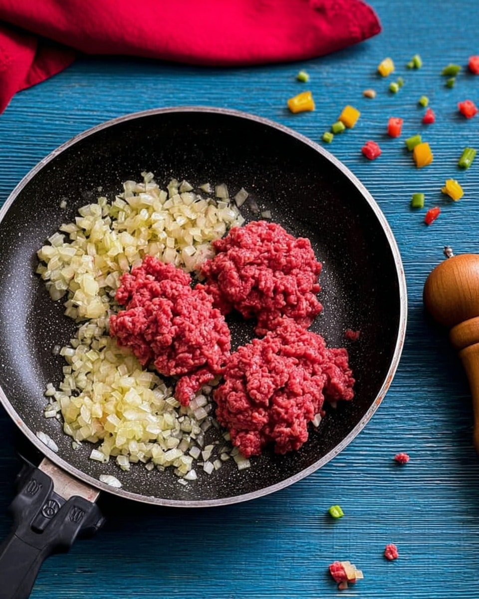 A black frying pan shows a thick layer of small chopped onions spread evenly on the bottom. On top of the onions, there are three uneven piles of raw ground meat, bright red in color and with a rough texture. The frying pan is set on a blue wooden surface with scattered small pieces of mixed vegetables around it, and a wooden pepper grinder placed to the side. A red cloth is partially visible at the top left corner. The photo taken with an iphone --ar 4:5 --v 7