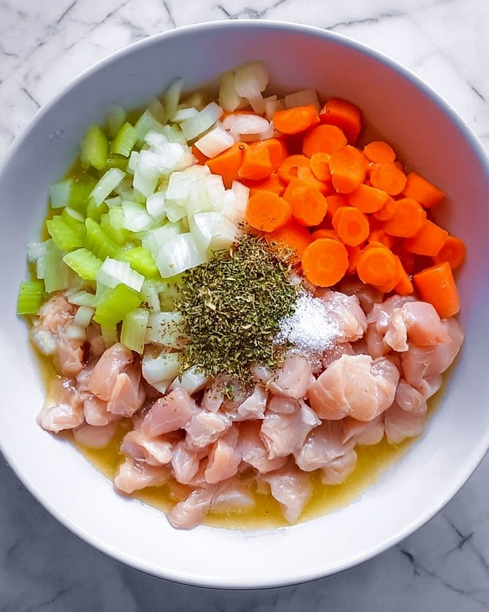 A white bowl filled with raw ingredients placed on a white marbled surface, inside the bowl there are three main layers: the base layer is small pieces of light pink raw chicken, the middle layer consists of bright orange carrot slices and light green celery pieces scattered on top, and the top layer includes chopped white onions along with some dried green herbs and white powder spices in the center, all sitting in a small amount of yellow oil, photo taken with an iphone --ar 4:5 --v 7
