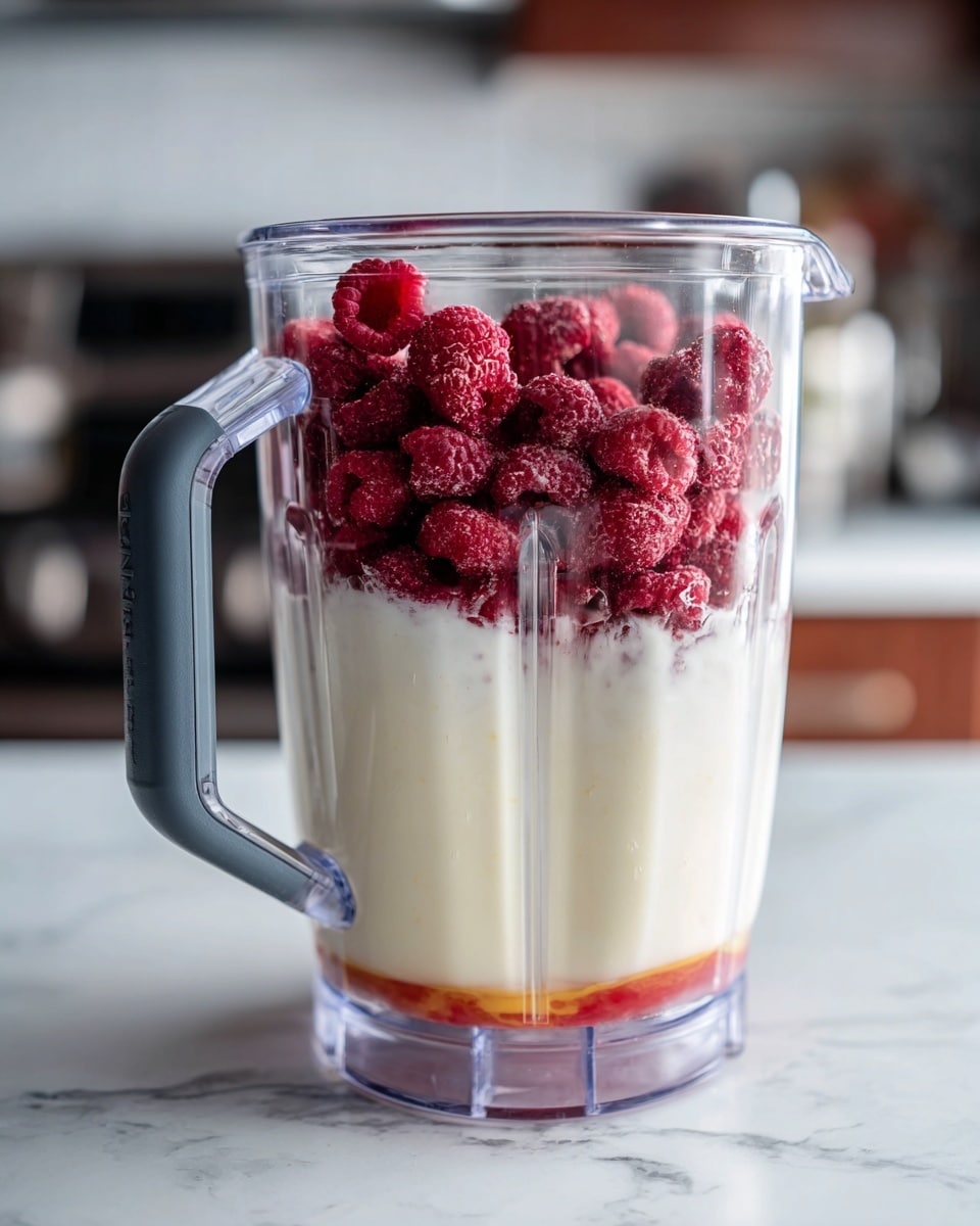 A clear blender jar is filled with three visible layers of ingredients. The bottom layer is a small amount of bright orange liquid, smooth and glossy. Above it, there is a thick layer of white creamy liquid, filling most of the jar. The top layer consists of many whole frozen deep red raspberries, adding a rough texture at the rim. The jar has a sturdy dark gray handle on the left side. The blender is on a white marbled surface, and the kitchen background is blurred. photo taken with an iphone --ar 4:5 --v 7