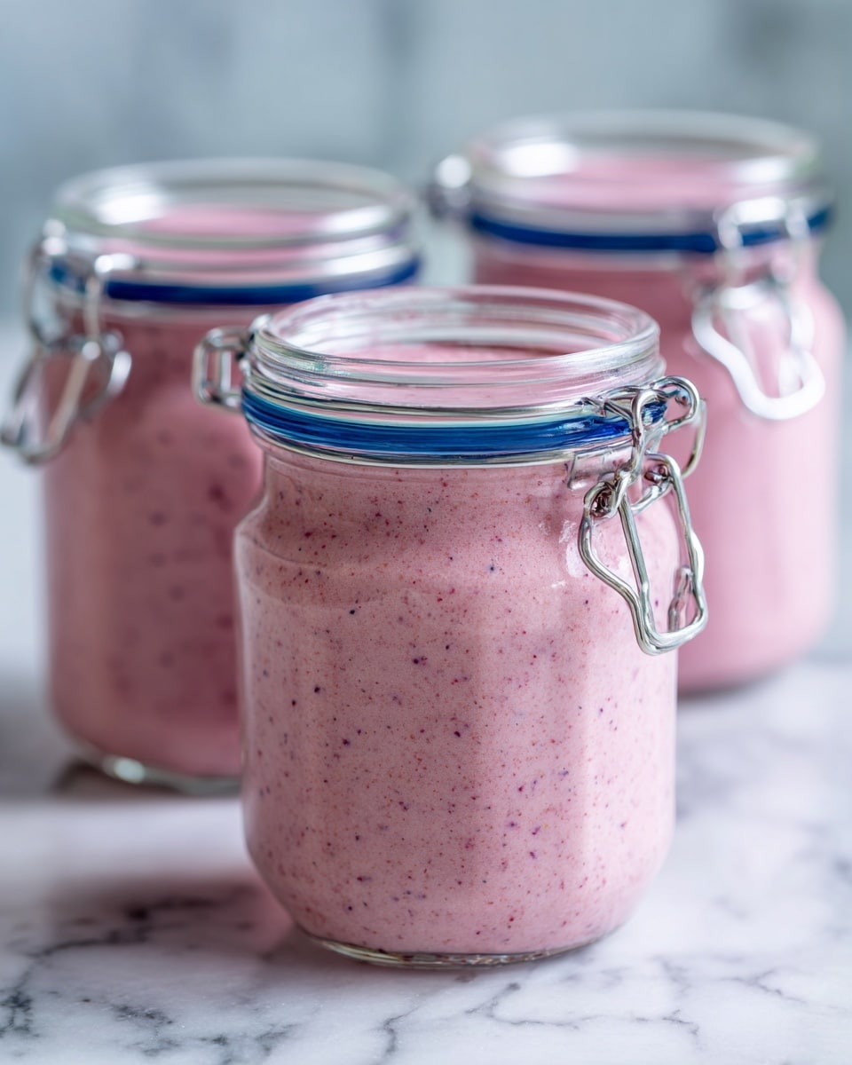 The image shows three clear glass jars filled with a thick pink smoothie. Each jar has a metal clasp and a blue rubber seal around the lid. The smoothie inside looks creamy with tiny dark specks scattered throughout. The jars are placed on a white marbled surface, and the focus is on the front jar, with the two others softly blurred in the background. photo taken with an iphone --ar 4:5 --v 7