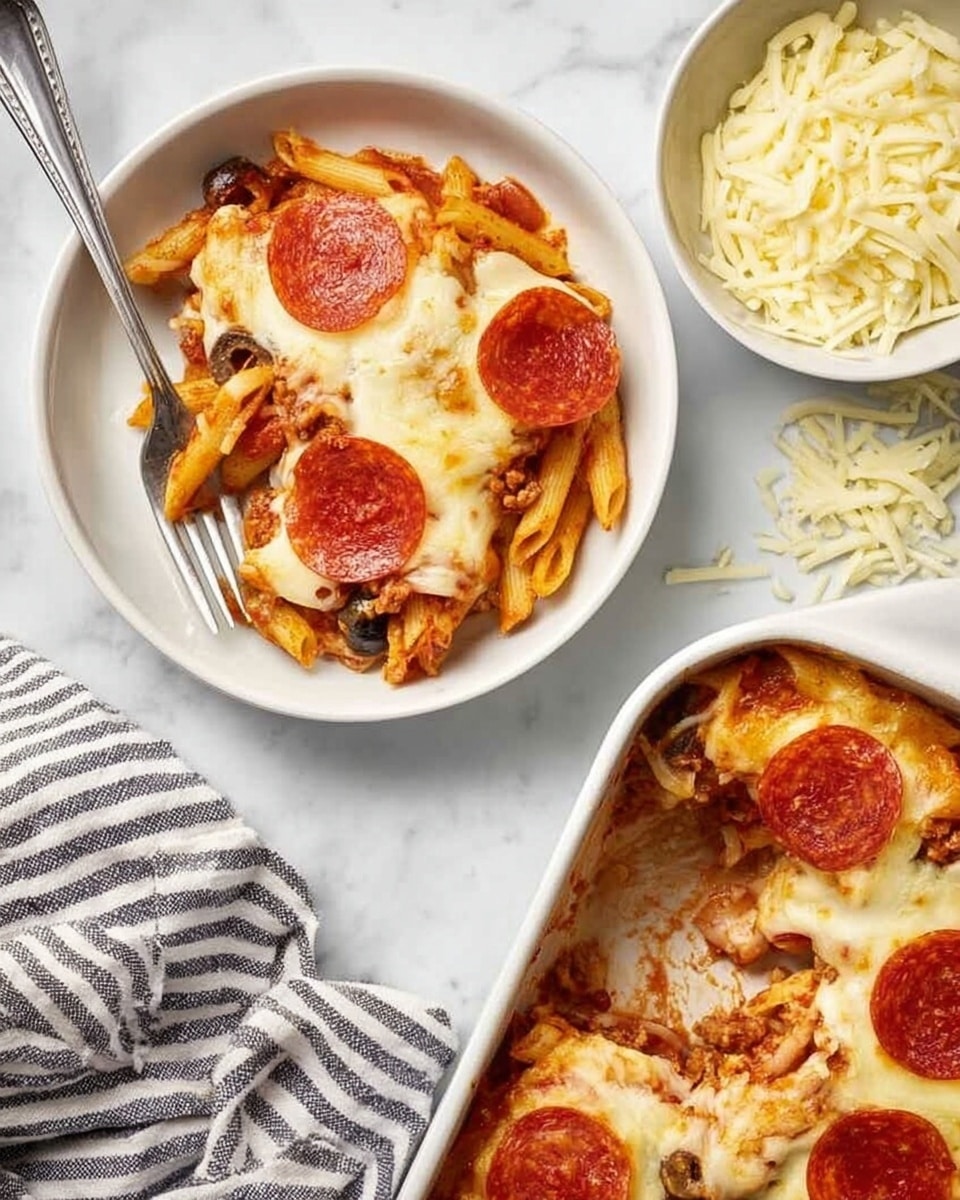 A white bowl contains two layers of baked pasta: the bottom layer has a mix of baked red sauce and penne pasta with small bits of browned meat and olives, the top layer is melted light golden cheese with three round, red pepperoni slices spread evenly; a silver fork rests on the bowl’s edge. To the right, a white baking dish holds more of the layered pasta, topped with slightly browned melted cheese and pepperoni slices, with a silver spoon scooping some out. Nearby is a small white bowl filled with shredded pale yellow cheese and scattered grated cheese on a white marbled surface. A striped cloth is partly visible on the left. Photo taken with an iphone --ar 4:5 --v 7