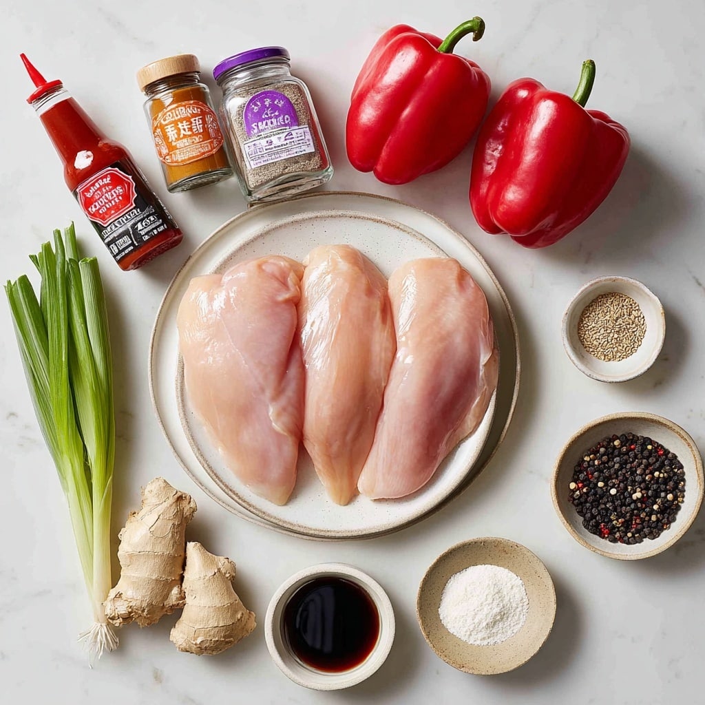 The image shows raw chicken on a white plate with three big pieces placed side by side, their surface smooth and pale pink. Around the plate, there are two whole bright red bell peppers with glossy skin, garlic granules in a small glass jar with a purple label, Chinese 5 spice in a small glass jar with an orange label, crushed chillies in a glass jar with a red and white label, and ketchup in a clear red bottle with a white label. There is a piece of fresh ginger with a rough textured skin, fresh spring onions with white bulbs and green stalks, and a small bowl of white powder, likely cornflour, with a slightly rough surface. Next to these, there are small beige dishes—one holding black peppercorns and the other table salt crystals. Soy sauce in a small glass bottle with a black and red top sits to the side. All items are arranged neatly on a white marbled surface. photo taken with an iphone --ar 4:5 --v 7