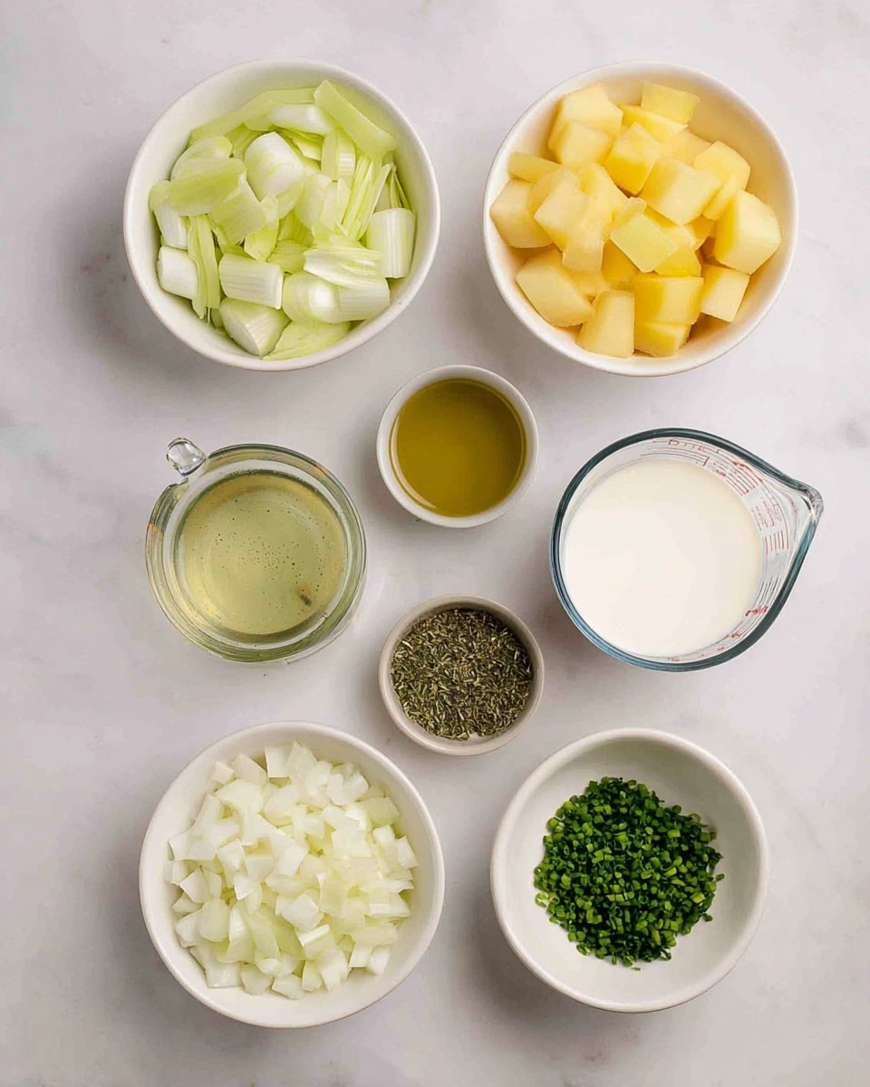 A top view of eight white small bowls and one clear measuring cup arranged on a white marbled surface. The top row has a bowl of pale green sliced leeks on the left and a bowl of yellow potato chunks on the right. In the middle row from left is a glass of white cream, a clear measuring cup with a greenish-yellow creamy liquid, and a small bowl with dried green herbs. The bottom row has a bowl of clear light oil on the left, a bowl filled with diced white onions in the middle, and a bowl of finely chopped green chives on the right. The items are neatly placed with clear space between each container. Photo taken with an iphone --ar 4:5 --v 7
