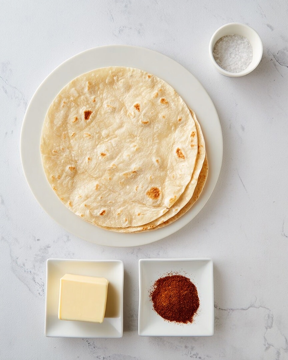 The image shows two round tortillas stacked on a white plate, placed on a white marbled surface. To the right, there is a small white bowl with white granulated salt. Below the plate, there are two small square white dishes; the left one contains a pale yellow square of butter, and the right one has a small pile of reddish-brown powder, likely cinnamon or a similar spice. The setting is simple and clean, with the food items neatly arranged. photo taken with an iphone --ar 4:5 --v 7