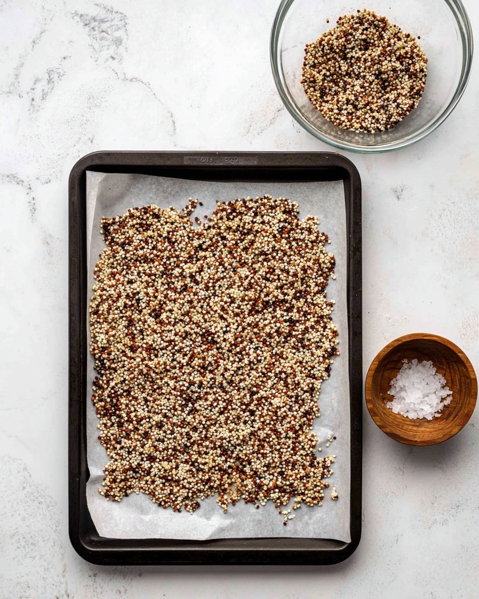 A black baking tray lined with white baking paper holds a single uneven layer of small, round quinoa grains spread thinly across the center. The quinoa mix shows a blend of light tan, reddish-brown, and black colors creating a speckled texture. Above the tray, there is a clear bowl that contains some quinoa grains remaining, and to the right of the tray is a small wooden bowl filled with coarse salt. The background is a white marbled surface. Photo taken with an iphone --ar 4:5 --v 7