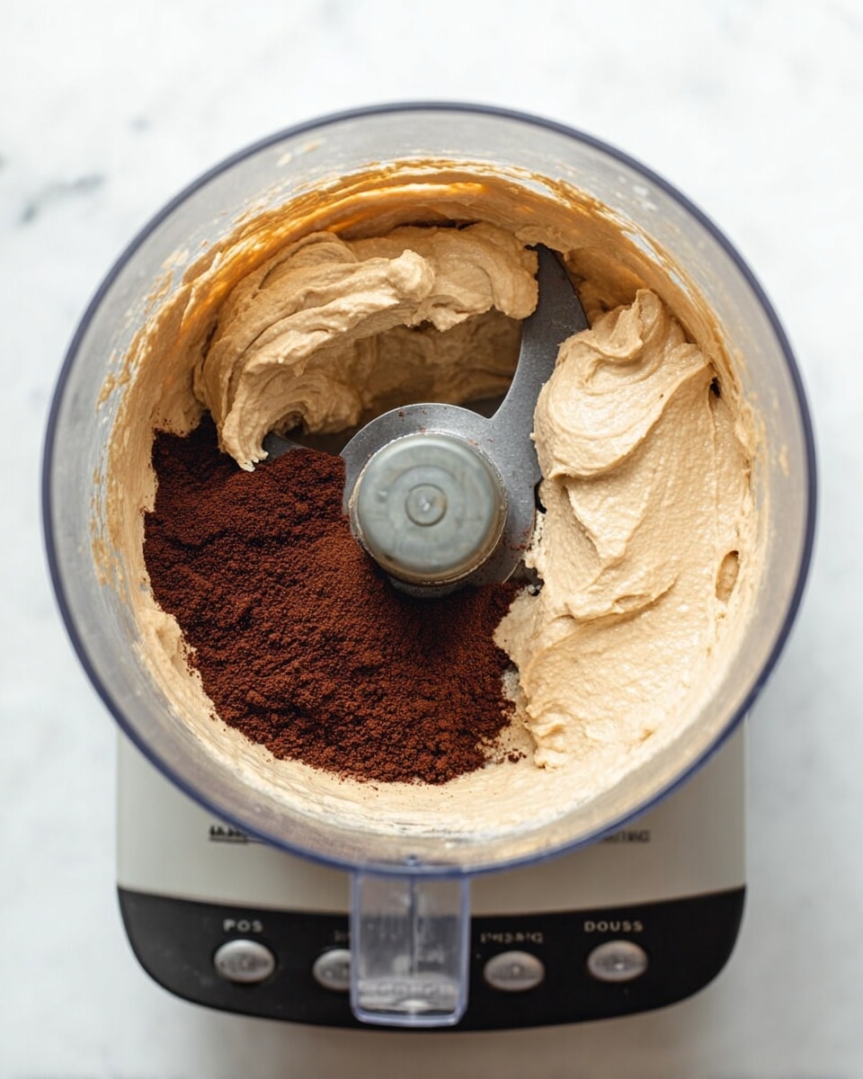 The image shows a food processor bowl with layers of ingredients inside. There is a smooth, creamy light beige layer covering the sides of the bowl, with a thick mound of a similar beige mixture on the right side. At the bottom center of the bowl, there is a layer of dark brown powder, likely cocoa powder, contrasting with the lighter creamy layers. The bowl is transparent, showing the sharp blades in the middle, and sits on a food processor base with buttons labeled ON, PULSE, and DOUGH. The setting is on a white marbled surface. photo taken with an iphone --ar 4:5 --v 7