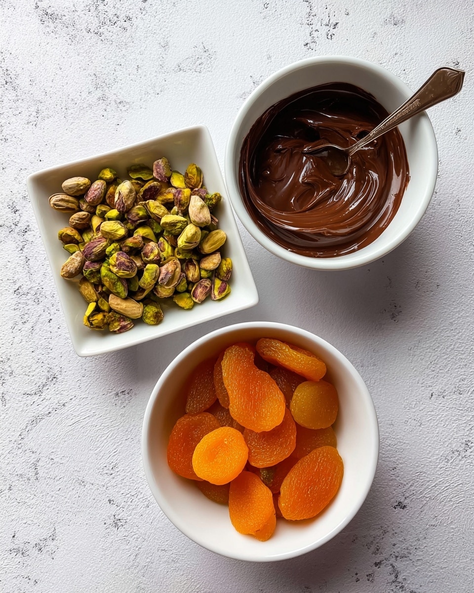The image shows three white bowls placed on a white marbled textured surface. The top right bowl contains smooth, shiny melted dark brown chocolate with a spoon dipped inside. The top left square bowl holds chopped green and brown pistachio nuts with a rough texture. The bottom round bowl is filled with bright orange dried apricot pieces, each dried piece showing slight curves and soft texture. The bowls are spaced evenly and the light creates soft shadows. Photo taken with an iphone --ar 4:5 --v 7