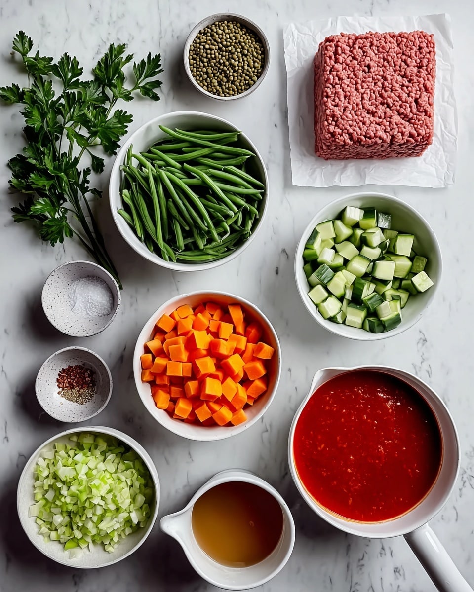 A top view of various fresh ingredients arranged neatly on a white marbled surface. In the top center is a rounded white bowl filled with green beans, just below it is a similar bowl with small orange carrot cubes. To the right of the carrots is a white bowl with chopped cucumber pieces. Above the cucumbers is a small bowl containing green lentils. A large rectangular block of light red ground meat rests on white parchment paper in the top right corner. Below the lentils is a white cup filled with light brown broth. To the bottom right, a white bowl with a handle contains bright red tomato sauce with a thick texture. On the bottom left, a white bowl holds chopped light green celery pieces. Surrounding these larger bowls are smaller gray speckled bowls containing salt, black pepper, garlic cloves, minced garlic, and red chili paste. Fresh green parsley leaves spread out on the upper left side. Photo taken with an iphone --ar 4:5 --v 7