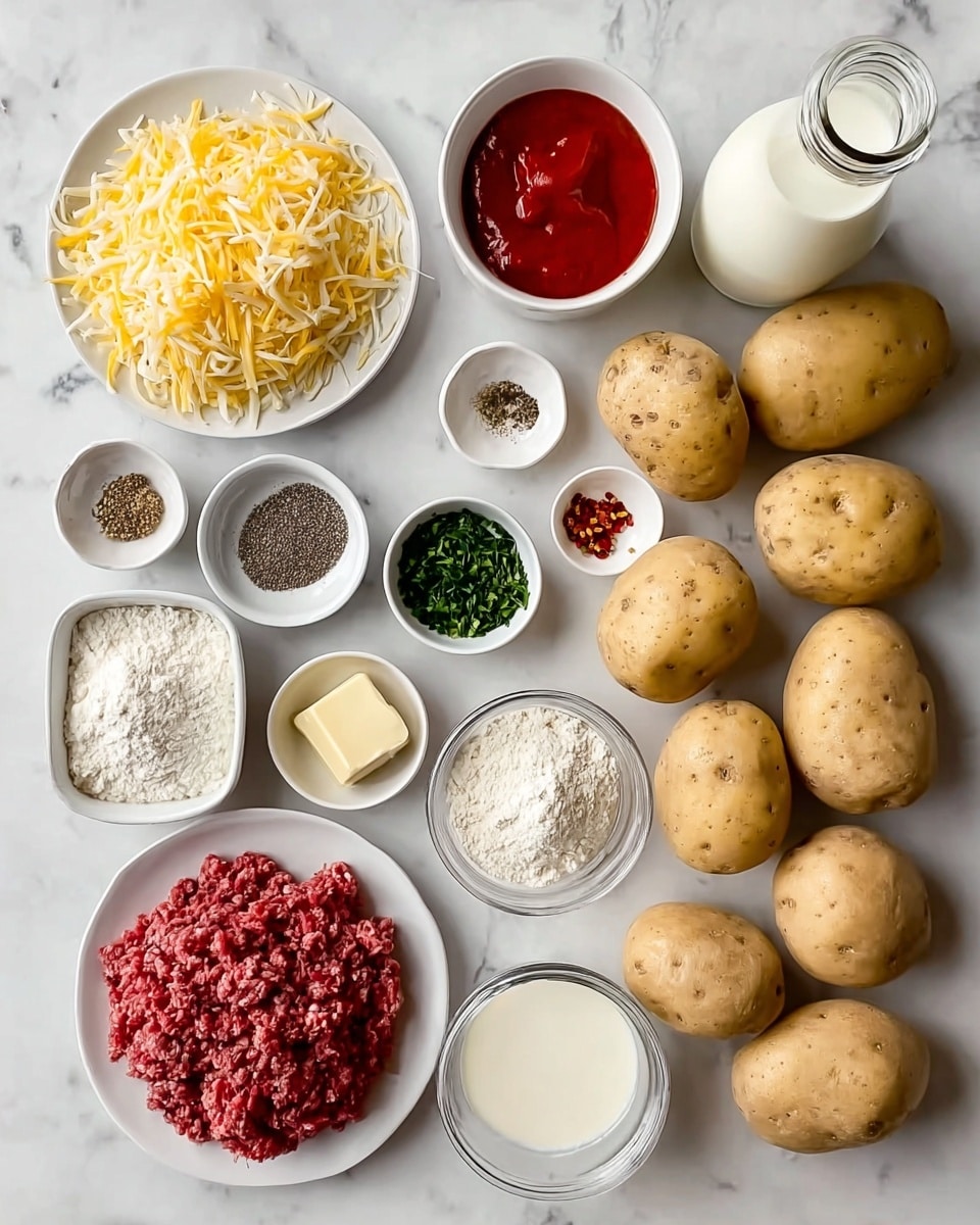 This image shows a collection of cooking ingredients neatly arranged on a white marbled surface. On the right, there are nine whole potatoes with a light brown skin. To the left of the potatoes, there are small white bowls each containing different ingredients: black pepper, butter, more butter, flour, black pepper again, powder, chopped green herbs, salt, and red chili flakes. Near the bottom left, a white plate holds red ground meat, and above it, a bowl is filled with a mix of shredded yellow and white cheese. There is also a bowl of red tomato sauce and a glass bowl containing a light cream liquid. On the top right side, a clear glass bottle filled with milk is visible. All items are placed carefully in rows and columns, presenting a clear and organized view of the ingredients. Photo taken with an iphone --ar 4:5 --v 7