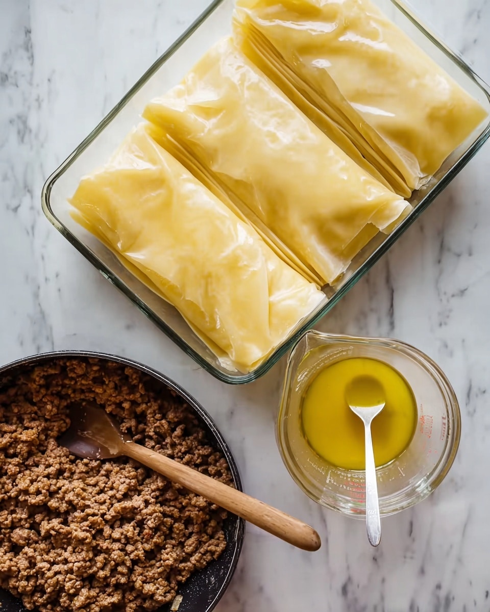 The image shows a clear glass baking dish with two layers of light yellow, shiny, and slightly crinkled sheets of dough laid flat inside. To the left of the dish is a black pan filled with cooked ground meat that is brown and crumbly in texture. Below the dish is a clear glass measuring cup with melted butter, a rich golden yellow liquid, and a spoon inside it. All items are placed on a white marbled surface. Photo taken with an iphone --ar 4:5 --v 7
