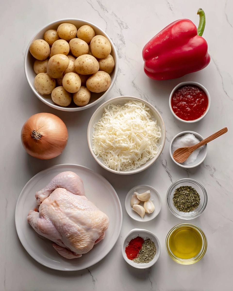 The image shows raw cooking ingredients arranged neatly on a white marbled surface. There is a white bowl filled with small round light brown potatoes at the top left, near a whole red bell pepper placed on the right side. Below the potatoes, there is a white bowl full of white shredded cheese. A brown onion sits below the cheese bowl on the left side. Near the onion, a white plate holds a single raw piece of pale pink chicken with skin. To the right of the plate, small clear glass bowls contain olive oil, dried green herbs, red spices, peeled garlic cloves, and a small white dish holds a red sauce with a wooden handle spoon resting on it. The colors are soft and natural, and all items are clearly visible. photo taken with an iphone --ar 4:5 --v 7