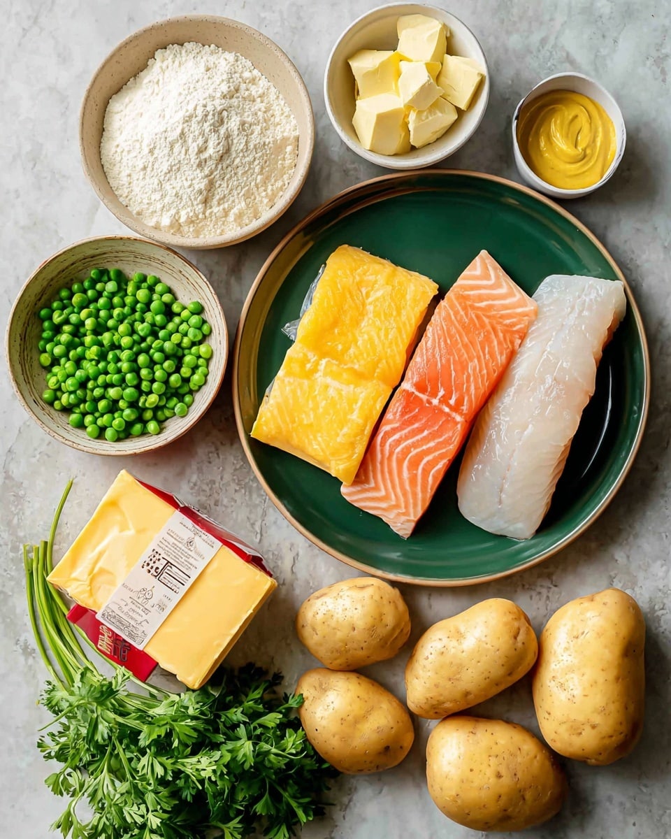 The image shows a white marbled surface with a green round plate holding three pieces of fish fillets, two yellow and one salmon pink, along with two white fillets together on the right side of the plate. Around the plate, there is a beige bowl of white flour at top left, a small beige bowl with yellow mustard at top right, and a white bowl filled with green peas below the mustard. To the right of the bowls are three whole light brown potatoes. Below the potatoes is a block of yellow cheddar cheese in clear red and white packaging. At the bottom left side of the image, there is a bunch of fresh green parsley next to a beige bowl containing two blocks of butter. Photo taken with an iphone --ar 4:5 --v 7