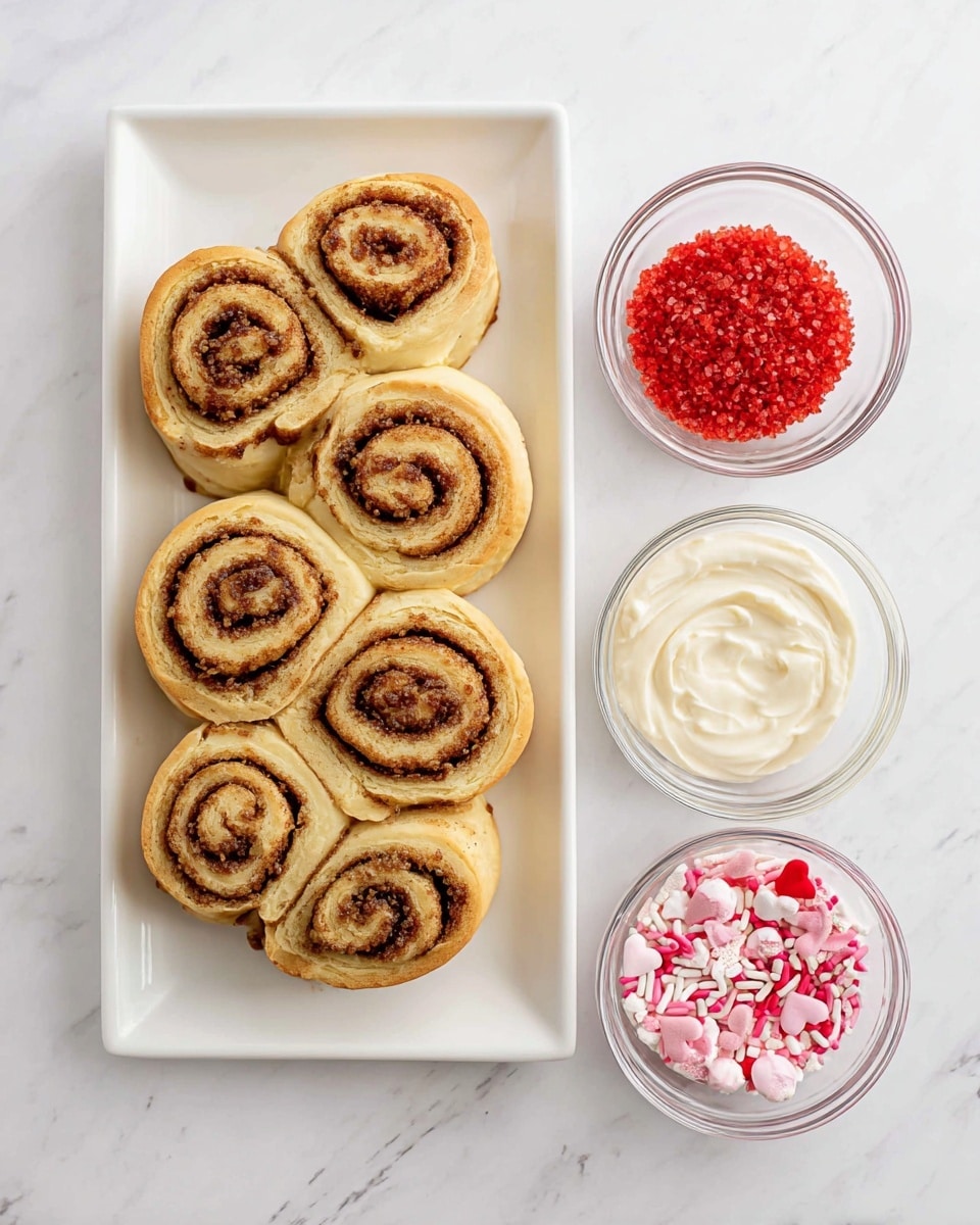A white rectangular plate holds eight light golden cinnamon rolls, each showing visible swirls of brown cinnamon filling in two or three layers, arranged neatly in two rows on a white marbled surface. To the right of the plate, from top to bottom, are three small clear bowls: the top bowl is filled with bright red coarse sugar crystals, the middle bowl has smooth white icing with a creamy texture, and the bottom bowl contains a mix of red, pink, and white heart-shaped and rod-shaped sprinkles. photo taken with an iphone --ar 4:5 --v 7