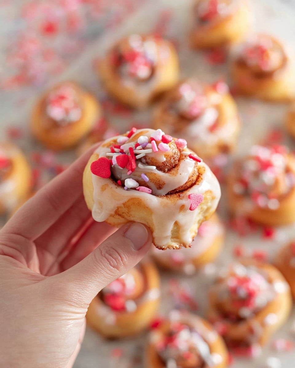 A woman's hand is holding a small cinnamon roll with white icing on top. The cinnamon roll is light golden brown with a spiral pattern of cinnamon visible in the roll layers. The icing has small red, pink, and white sprinkles scattered over it. In the background, there is a white marbled surface covered with many similar small cinnamon rolls, all decorated with the same white icing and sprinkles. The image has a soft, bright lighting and a shallow depth of field focusing on the roll held. photo taken with an iphone --ar 4:5 --v 7