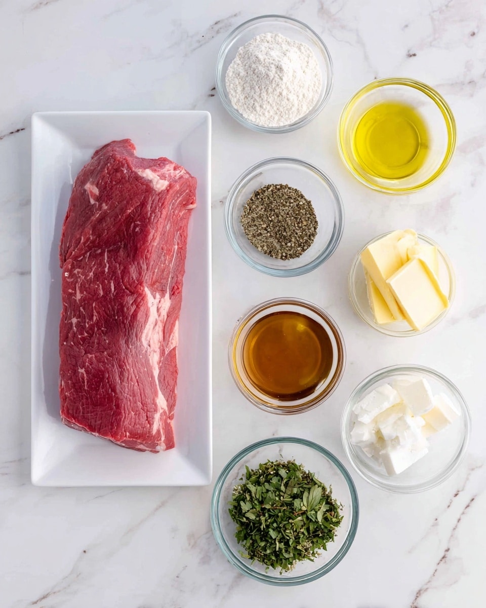 The image shows a white rectangular plate in the bottom left with a large piece of raw red meat that has a smooth texture with some visible white fat streaks. Around the plate, there are seven small clear glass bowls arranged in a loose circle on a white marbled surface. At the top left, one bowl contains coarse black pepper, next to it is a bowl with white flour that has a soft powdery texture. To the right is a bowl of light golden oil with a smooth reflective surface. Below that, a bowl holds brown liquid, likely a sauce, with a shiny surface. Next, a bowl of green mixed herbs with varied leaf shapes and a fresh look. Below that is a bowl of coarse white salt, and to the bottom right, a bowl with a few yellow cubes of butter. photo taken with an iphone --ar 4:5 --v 7