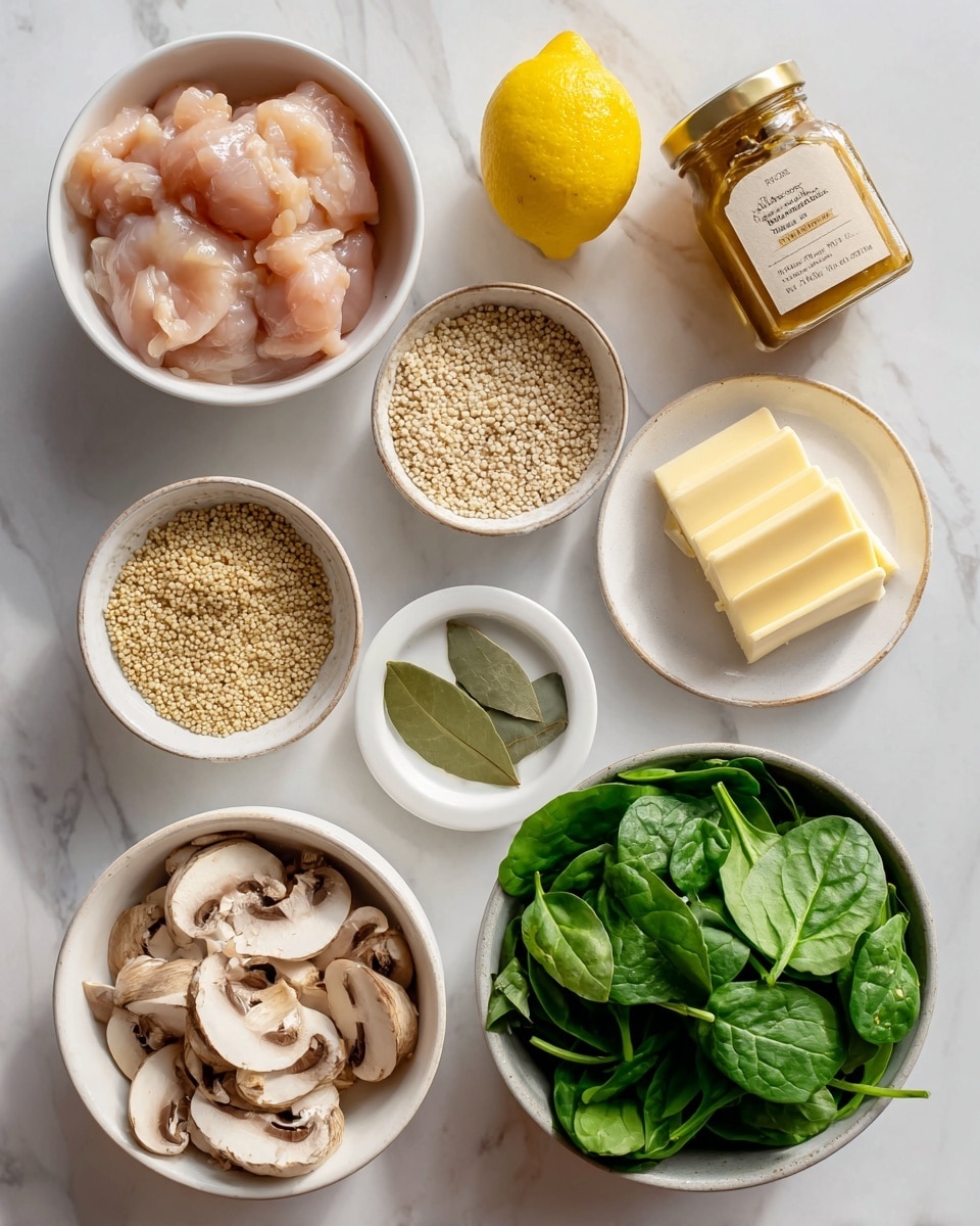 The image shows various cooking ingredients arranged on a white marbled surface. There is a white bowl with raw chicken pieces that are pale pink in color. Next to it is a small white bowl with beige quinoa grains, and another tiny white dish holding two green bay leaves. A larger white bowl is filled with sliced mushrooms, creamy beige and brown in color, positioned beside the mushroom bowl. At the top center, a whole yellow lemon sits beside a glass container filled with amber maple syrup. To the right, a jar of mustard with a beige label is placed near a white round plate with two stacked light yellow sticks of butter. Finally, a large white bowl of fresh green spinach leaves completes the spread. The photo taken with an iphone --ar 4:5 --v 7
