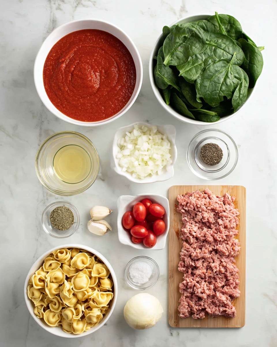 The image shows a top view of arranged cooking ingredients on a white marbled surface. There are eleven components: a large white bowl with smooth, thick red tomato sauce at the top center; to its right, a large white bowl filled with fresh green spinach leaves; below the spinach, a small clear bowl of black pepper; to the left of the pepper, a small clear bowl with a light yellow liquid; below the tomato sauce is a small clear bowl with dried herbs; left of the dried herbs, a small white bowl with finely chopped white onions; below the onions is a small white bowl holding whole peeled tomatoes in red juice; in the center is a medium white bowl filled with yellow tortellini pasta; to the right below the pasta is a light wooden cutting board with raw ground meat that has pink and white textures; near the bottom center, there is a whole white onion and two garlic cloves; a small clear bowl with minced garlic is placed above the onion; a small clear bowl of coarse white salt is set to the bottom left. All elements are neatly placed with clear colors and textures, photo taken with an iphone --ar 4:5 --v 7