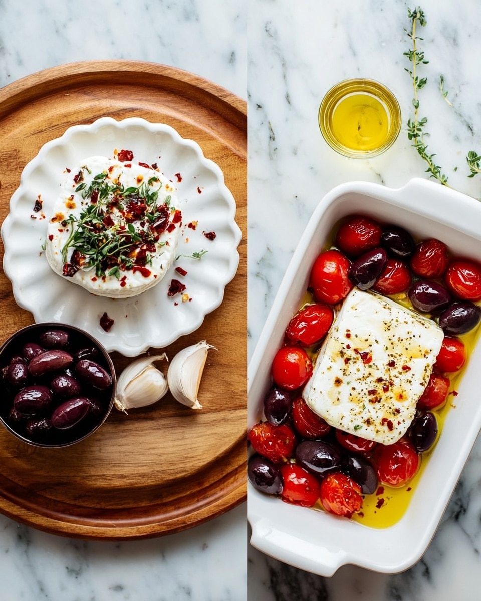 The image shows two parts: on the left, a white scalloped plate sits on a round wooden tray with a block of white cheese sprinkled with red chili flakes and fresh green herbs on top, surrounded by a small cup of sliced dark olives, three garlic cloves, a few red cherry tomatoes, and a small glass of golden olive oil; on the right, a white rectangular dish contains a block of white cheese placed in the center, surrounded by bright red cherry tomatoes and halved dark olives, with the cheese drizzled with olive oil and sprinkled with some spices, all set on a white marbled surface photo taken with an iphone --ar 4:5 --v 7