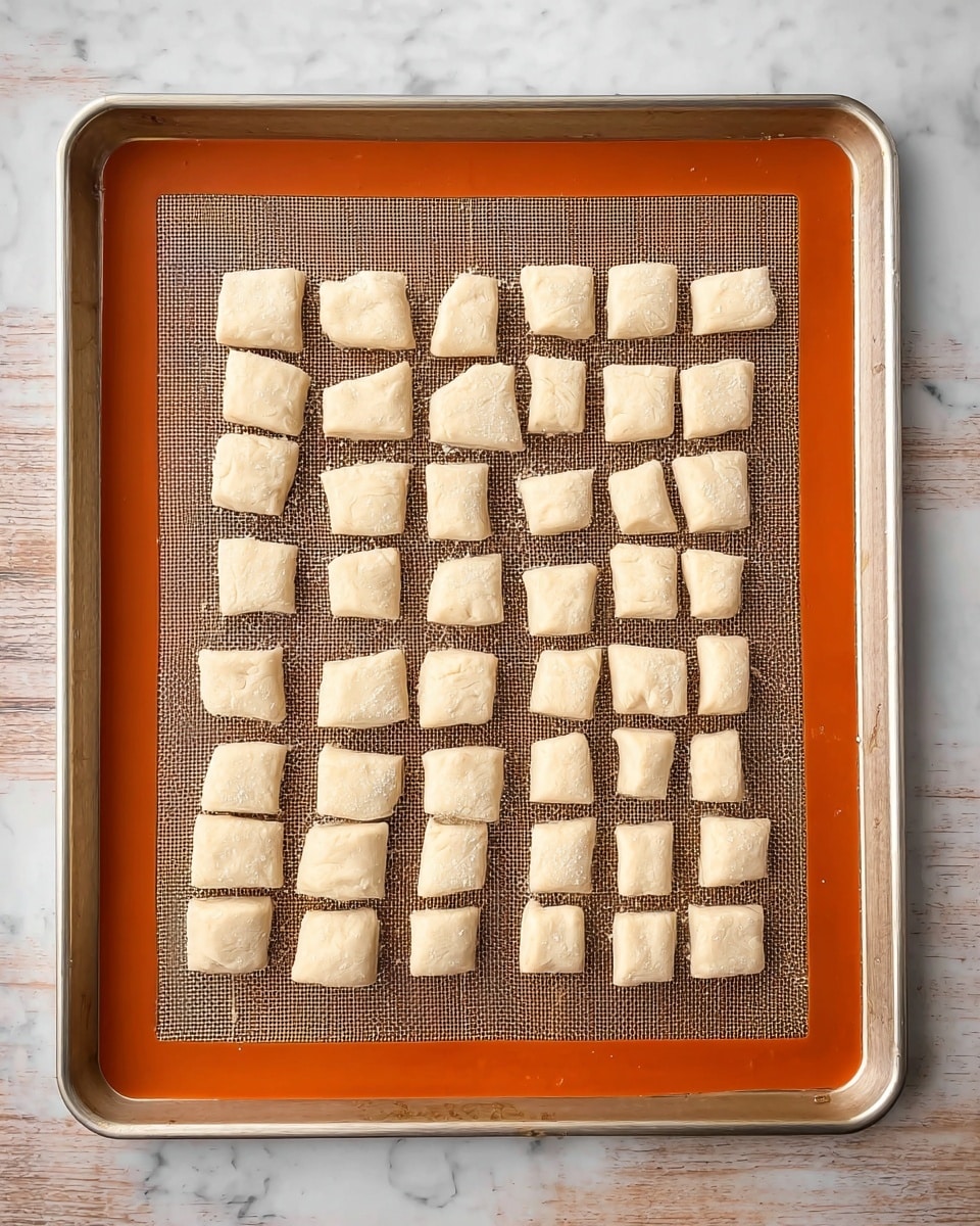 The image shows a metal tray with a brown silicone baking mat inside, placed on a white marbled surface. On the mat, there are seven rows of small, light beige dough pieces cut into square and rectangular shapes, evenly spaced out in neat lines. The dough pieces have a soft texture and look ready to be baked. The corners of the baking mat are rounded and orange-colored. photo taken with an iphone --ar 4:5 --v 7