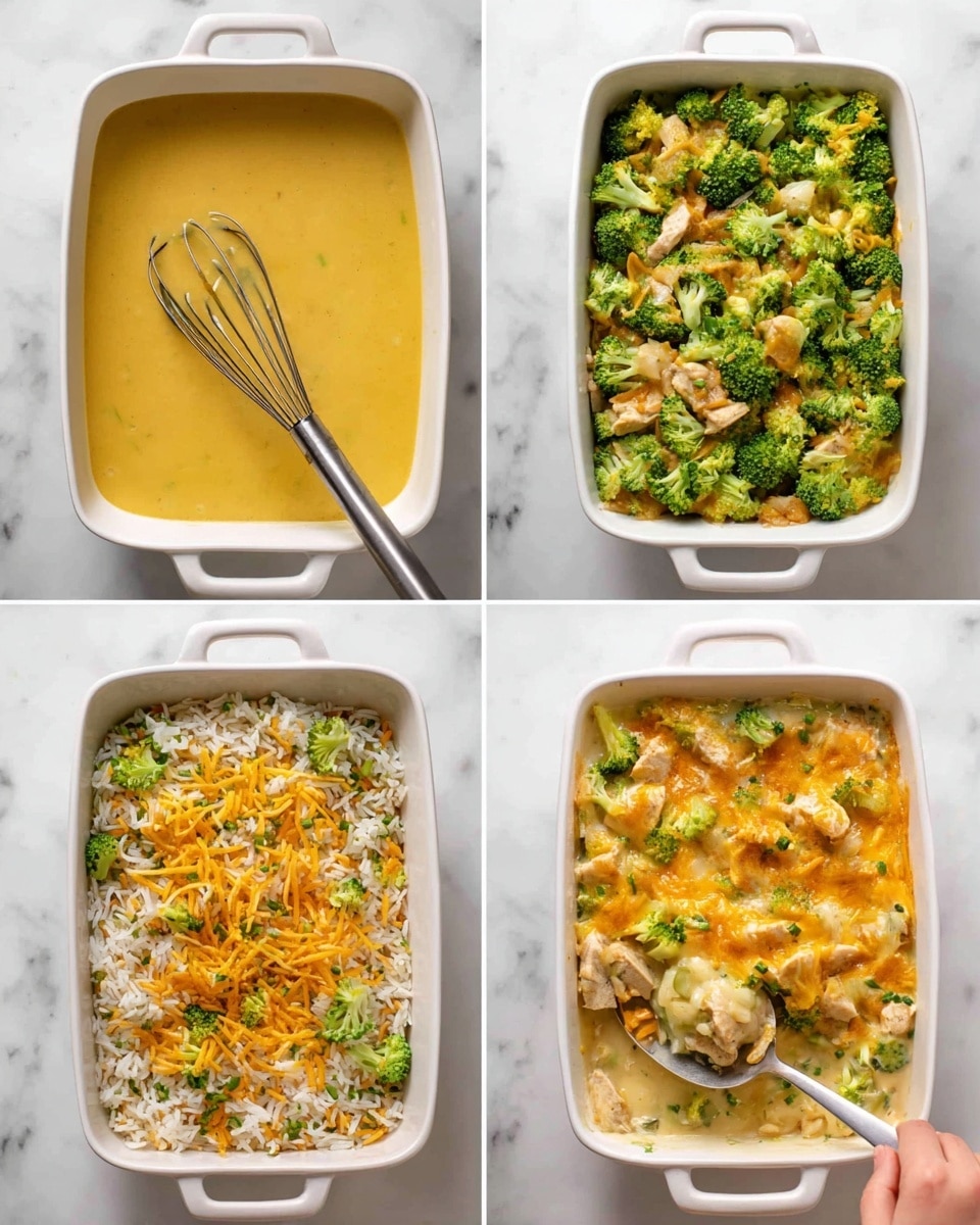 The image shows four steps of making a casserole in a white rectangular baking dish placed on a white marbled surface. In the first step, there is a smooth, yellow liquid mixture with a silver whisk lying inside the dish. In the second step, light brown sauce mixed with bright green broccoli florets is spread evenly across the dish. The third step shows a layer of white rice and pieces of chicken topped with shredded orange cheese and additional broccoli, creating a textured, colorful layer. In the final step, the casserole is baked, with melted yellow cheese and green broccoli visible on top, and a silver spoon scooping out a portion, revealing a mix of creamy sauce, broccoli, rice, and chicken inside the dish, with a woman's hand holding the spoon partially in the frame. Photo taken with an iphone --ar 4:5 --v 7
