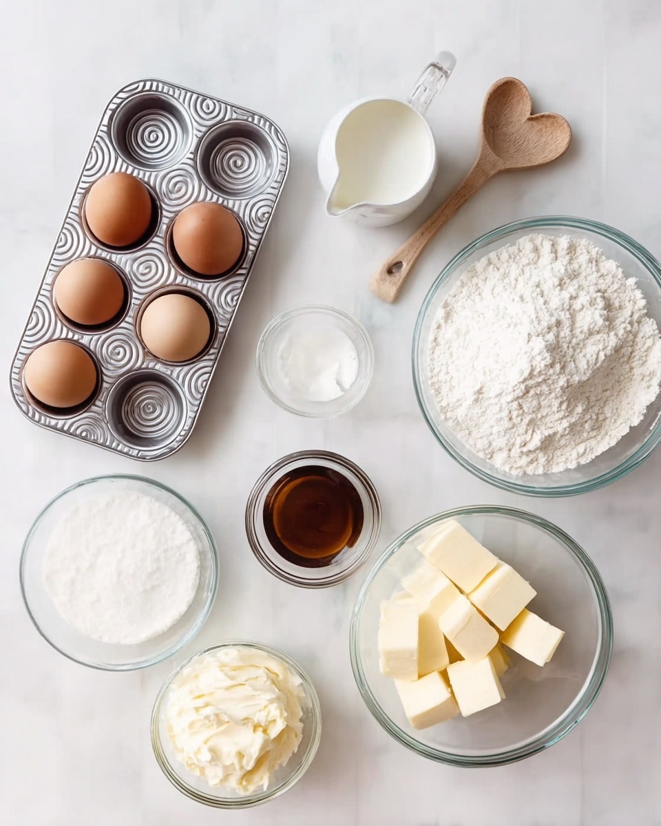A top-down view shows baking ingredients neatly arranged on a white marbled surface. There is a metal swirl muffin pan holding three brown eggs on the left side. Surrounding it are clear glass bowls and a small glass container: one large bowl filled with white flour, another medium bowl with a white creamy substance, a smaller bowl containing brown vanilla extract, and a medium bowl with yellow butter blocks. A small glass jug contains white milk. A wooden spoon with a heart shape cut out near its tip rests on the surface in the upper right corner. The scene is bright and clean, with soft shadows for depth photo taken with an iphone --ar 4:5 --v 7