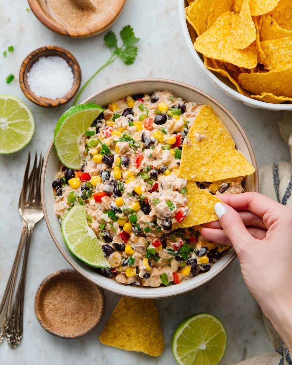 A close-up of a white bowl filled with a colorful dip that has a mix of creamy base, black beans, yellow corn, red bell peppers, and chopped green onions, all mixed together and chunky. Three yellow tortilla chips are dipping into the bowl from the right side. A woman's hand is holding another tortilla chip scooping up some dip. Two lime wedges are placed on the left side inside the bowl. In the background, there is a white bowl filled with more yellow tortilla chips and a halved lime on a white marbled surface with a couple of forks, a small bowl of brown powder, and a small bowl of salt visible. Photo taken with an iphone --ar 4:5 --v 7
