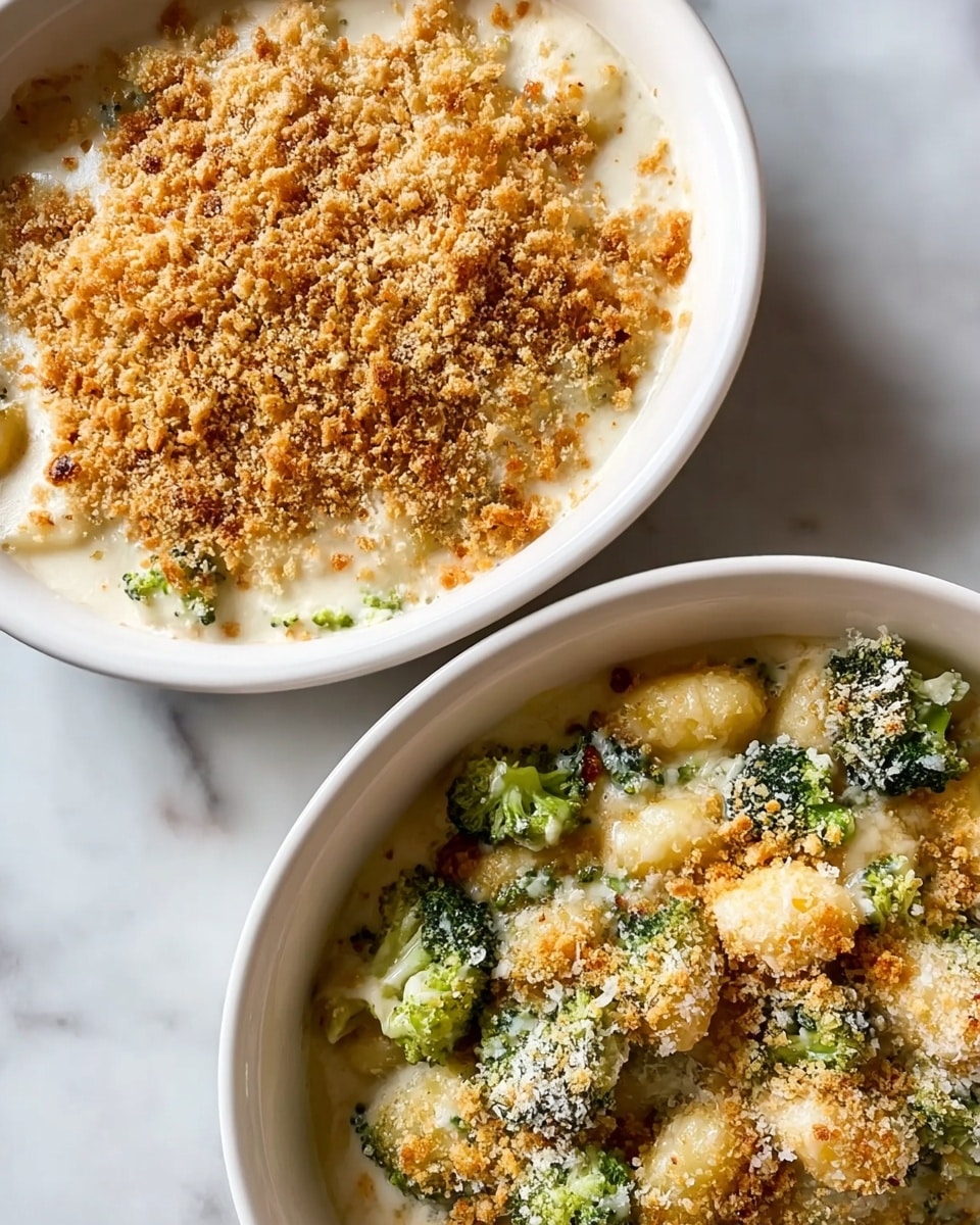 The image shows two white bowls on a white marbled surface, each containing a creamy dish topped with a golden-brown breadcrumb layer. The first bowl on the left is filled mostly with a thick, light cream sauce with a generous even layer of toasted breadcrumbs covering the surface, showing a crumbly texture. The second bowl on the right displays a baked dish with layers of small gnocchi, bright green broccoli pieces, and creamy sauce beneath a slightly uneven golden breadcrumb topping, where some parts reveal the creamy sauce and vegetables. The breadcrumb topping has a coarse texture with visible crumbs scattered unevenly. photo taken with an iphone --ar 4:5 --v 7