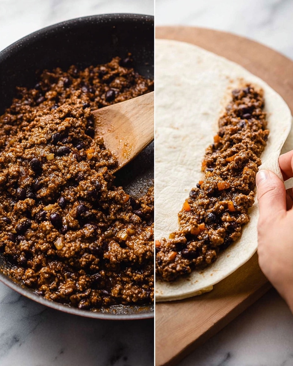 The image shows two side-by-side scenes. On the left, there is a close-up of a dark pan filled with brown cooked ground meat mixed with small black beans and some finely chopped orange bits, all with a moist texture, and a wooden spoon stirring the mixture. On the right, a woman's hand is gently folding a white tortilla over a line of the same meat and bean mixture spread near the edge of the tortilla, which is placed on a white marbled surface. The focus is on the texture and color contrast between the brown filling and the soft white tortilla. photo taken with an iphone --ar 4:5 --v 7