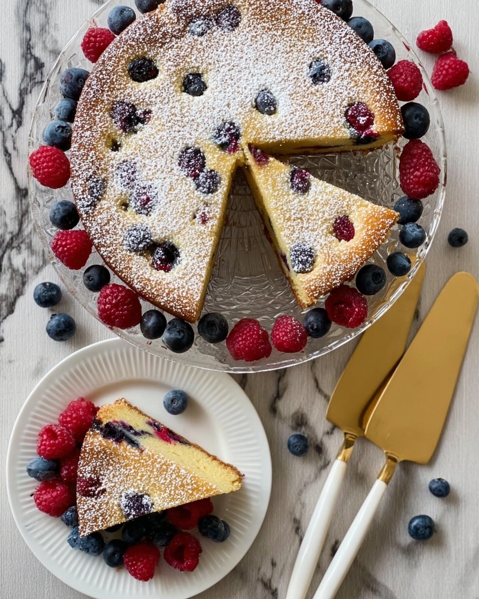A round cake with one slice taken out shows a golden brown top dotted with blueberries and raspberries, dusted lightly with powdered sugar. The cake is on a clear glass plate surrounded by fresh raspberries and blueberries around its edge, placed on a white marbled surface. The single slice on a white plate reveals a soft yellow interior with blueberries and raspberries inside, also dusted with powdered sugar on top. To the right, there are two gold and white cake servers resting on the marbled surface, adding a shining detail. photo taken with an iphone --ar 4:5 --v 7