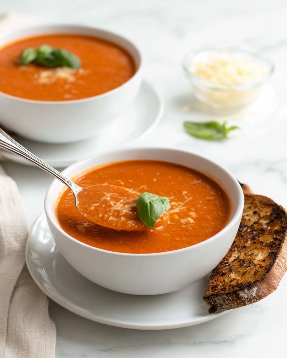 The image shows two white bowls filled with smooth, orange-red tomato soup, each placed on a white plate. The soup has a garnish of fresh green basil leaves in the center. A silver spoon lifts some soup from the front bowl, showing its thick texture with small bits of topping, possibly cheese or garlic. Next to the bowls, there are toasted pieces of dark brown bread with visible seeds. The scene is set on a white marbled surface with a soft, light background, and a small clear glass bowl with cheese shreds is visible behind the bowls. The overall look is warm and fresh. photo taken with an iphone --ar 4:5 --v 7