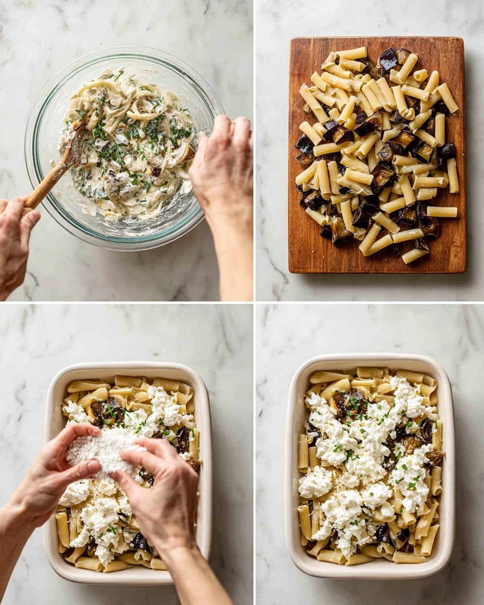 A collage of four images showing the making of a pasta dish. In the top-left image, a woman's hands are stirring a clear glass bowl filled with a creamy white sauce mixed with green leafy herbs on a white marbled surface. The top-right image shows a white rectangular dish on a wooden board filled with light beige tubular pasta and scattered dark brown roasted eggplant cubes. The bottom-left image depicts a woman's hand sprinkling white crumbled cheese over the same pasta and eggplant mix in the dish. In the bottom-right image, the cheese is evenly spread over the pasta and eggplant, with dollops of the creamy sauce on top, all set on a white marbled surface. photo taken with an iphone --ar 4:5 --v 7