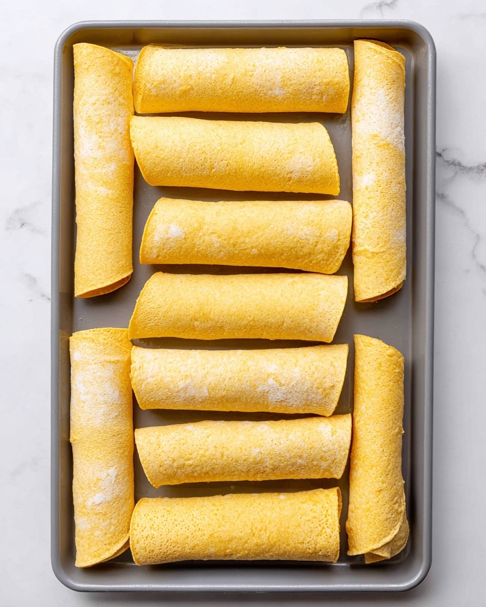 A gray baking tray holds ten rolled yellow corn tortillas, arranged in two neat columns with five in the left column and five in the right, all lying flat against a white marbled surface. The tortillas have a slightly textured look with small white patches and are tightly rolled, showing no filling from the outside. The arrangement is simple, showing the golden-yellow of the tortillas clearly without any other elements around. Photo taken with an iphone --ar 4:5 --v 7