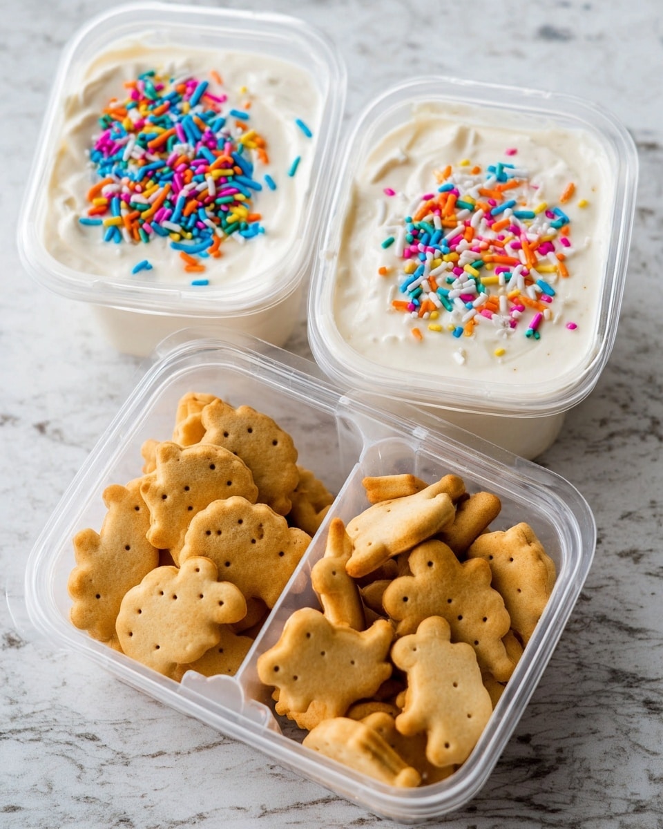 Two clear plastic containers each have two sections. The larger section holds white creamy dip with smooth texture and colorful sprinkles on top in shades of blue, pink, orange, yellow, white, and green. The smaller section is filled with golden brown animal-shaped crackers with detailed faces and bodies. The containers are placed on a white marbled surface. Photo taken with an iphone --ar 4:5 --v 7