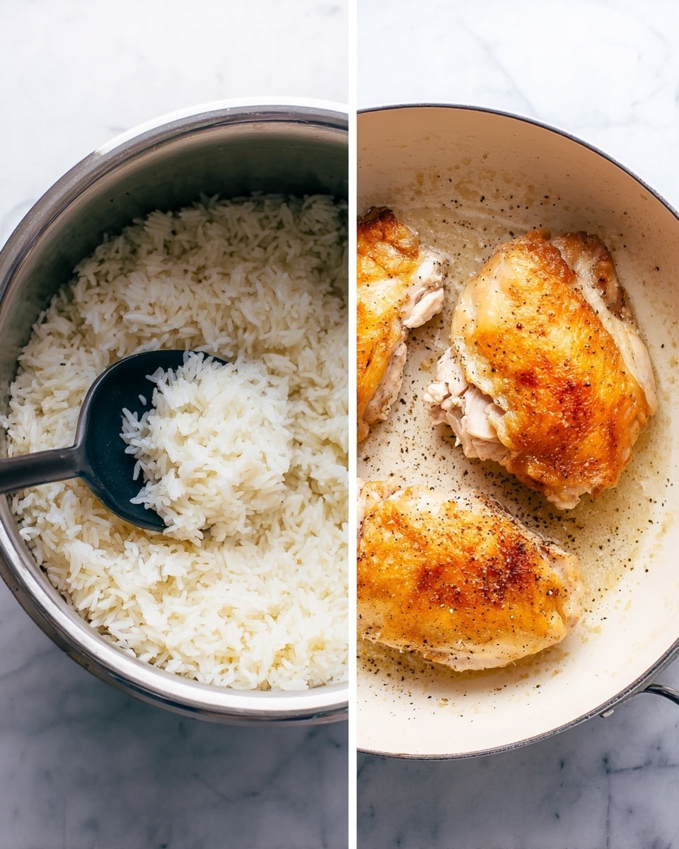 The left side shows a shiny silver pot filled about halfway with fluffy white cooked rice, with a black spoon resting inside, slightly lifting some rice to show its soft texture. On the right side, there is a white round pan with two cooked golden brown chicken pieces lying flat, lightly speckled with black pepper. The pan has a creamy interior, and both images use a white marbled surface as the background. photo taken with an iphone --ar 4:5 --v 7