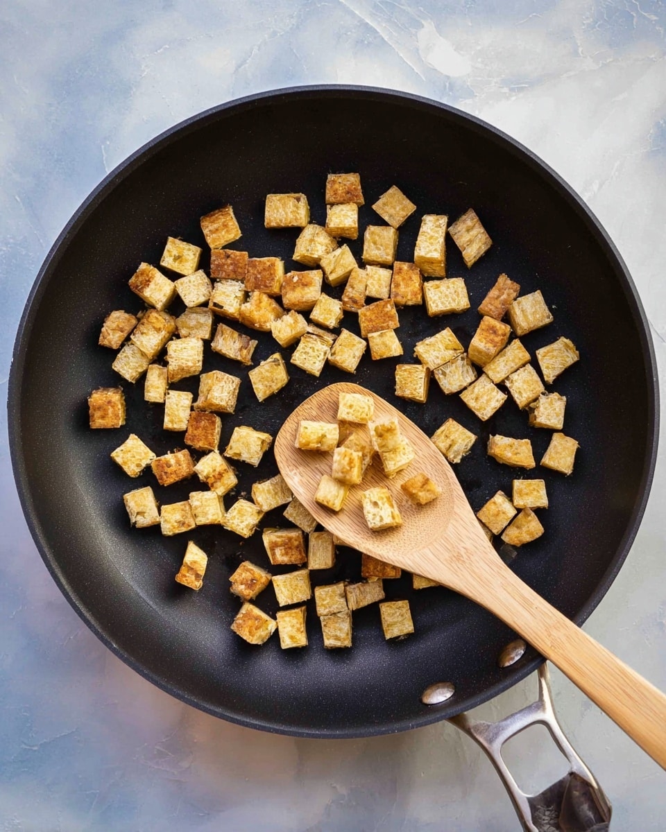 A black frying pan filled with small, golden-brown cubes evenly spread inside. A light wooden spoon lifts some cubes in the middle of the pan. The background is a white marbled texture. photo taken with an iphone --ar 4:5 --v 7
