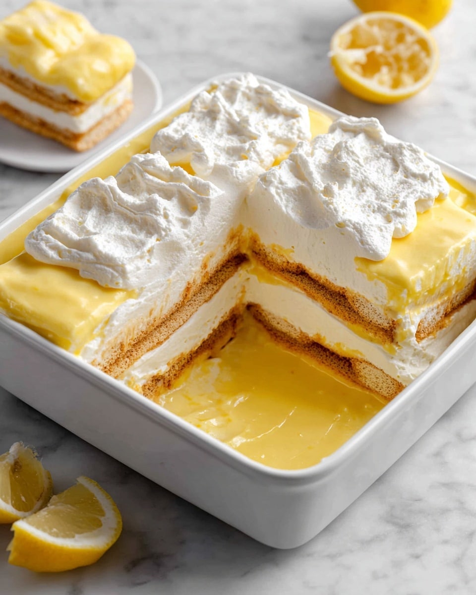 The image shows a step-by-step view of a layered dessert in a white square dish. The first layer consists of light brown ladyfinger cookies soaked in a yellow liquid, neatly lined at the bottom. The second layer is dollops of white creamy mixture spread on top of the ladyfingers. The third layer is a smooth, thick yellow custard spread evenly over the cream layer. The final layer on top is white whipped cream with a textured, fluffy appearance covering the entire dessert. One section is missing to reveal the layers inside, showing the alternating light brown cookies, white cream, yellow custard, and white whipped topping. The dish sits on a white marbled surface with a lemon wedge placed nearby. photo taken with an iphone --ar 4:5 --v 7