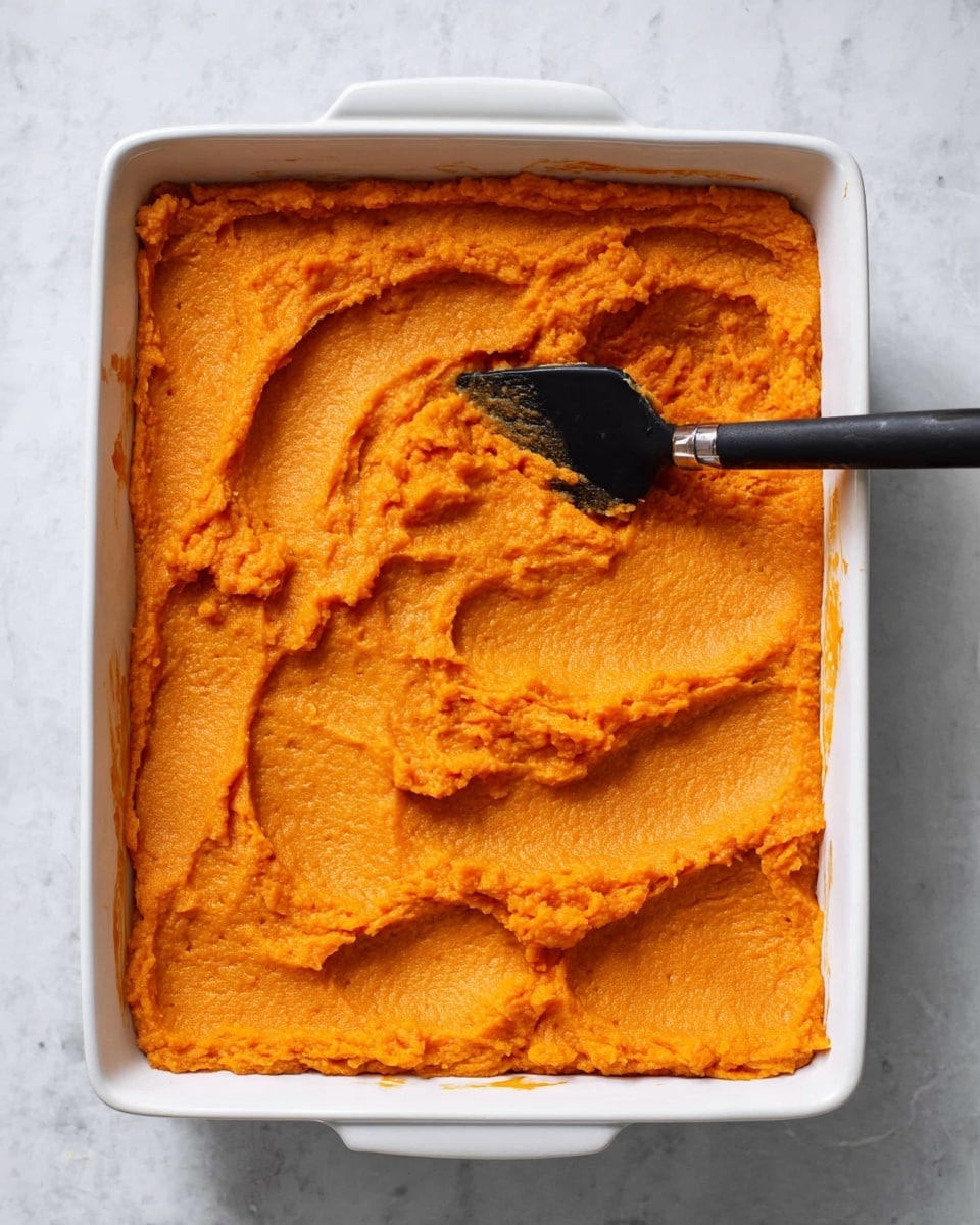 A rectangular white ceramic baking dish holds a smooth, even layer of bright orange mashed sweet potatoes filling the entire space, with a black spatula resting on top, partially spreading the textured surface in the center. The dish is placed on a white marbled surface, and the mashed sweet potatoes layer shows small ridges and a soft, creamy texture. Photo taken with an iphone --ar 4:5 --v 7
