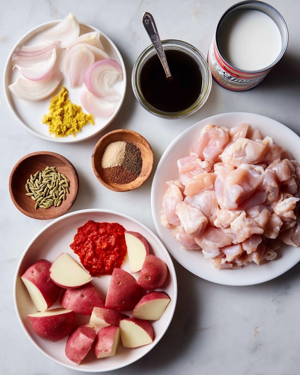 A white bowl full of red-skinned potatoes cut into pieces sits at the bottom. To the right, a white round plate holds raw, pale pink chicken pieces piled high with some folds and texture. Above the potatoes, a small dark glass jar filled with thick black liquid has a spoon inside it. On the upper left, a white round plate contains sliced pale pink onions on the left side, a small white bowl with yellow minced ginger on the upper left, and two dollops of bright red paste on the right side. Above that plate, a small wooden bowl holds three small piles of brown, beige, and dark brown spices. Next to it, a small white bowl contains cardamom pods and coriander seeds. On the top right, an open can filled with white coconut milk stands on a white marbled surface. photo taken with an iphone --ar 4:5 --v 7