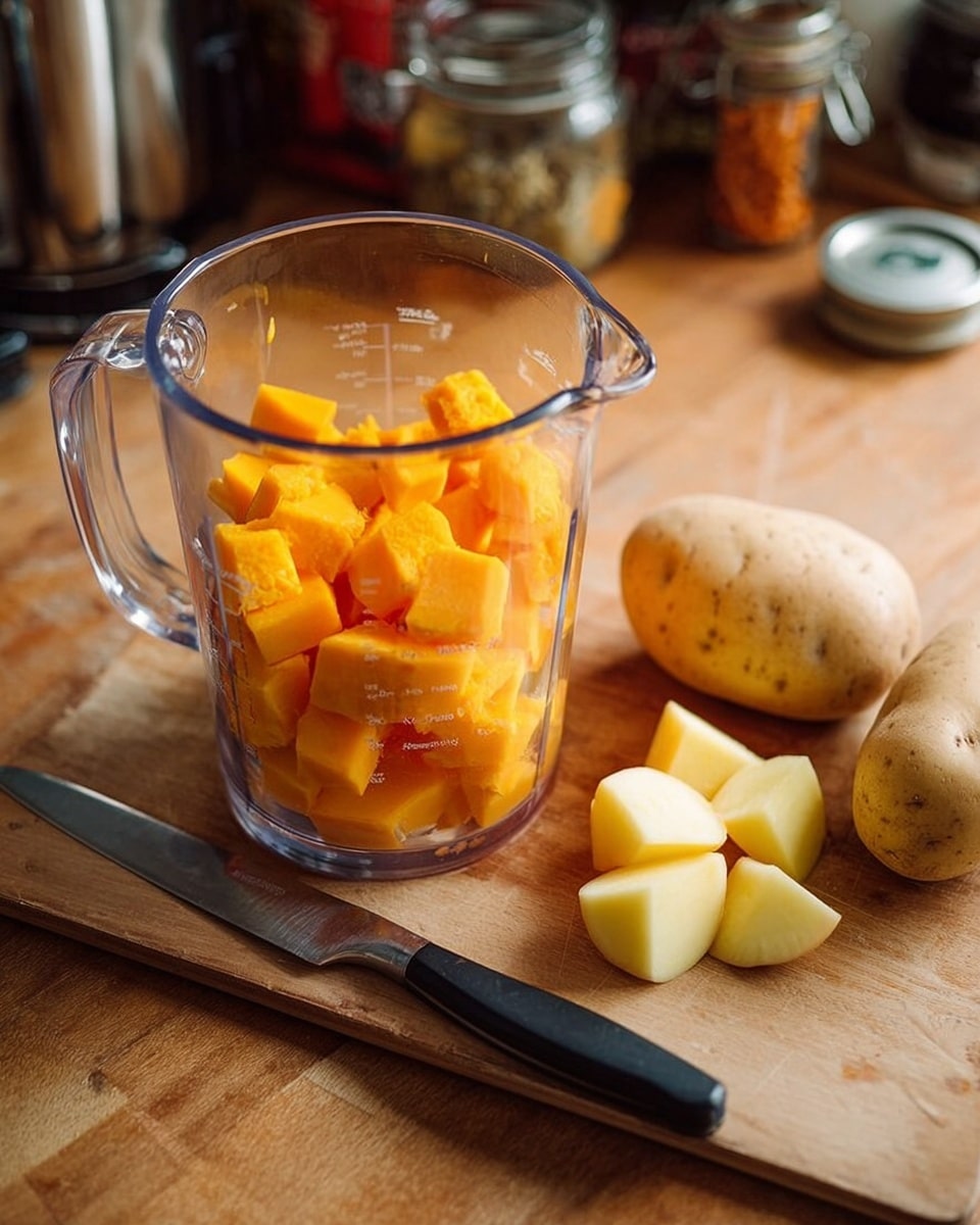 A clear glass measuring cup filled with bright orange chunks of peeled butternut squash sits on a wooden chopping board. Next to it, on the right side, are three whole light brown potatoes and one potato sliced into four smaller pieces, showing a creamy pale yellow inside. A shiny knife with a black handle rests on the board near the potatoes and the background is blurred but shows jars and cooking items on a wooden surface. photo taken with an iphone --ar 4:5 --v 7
